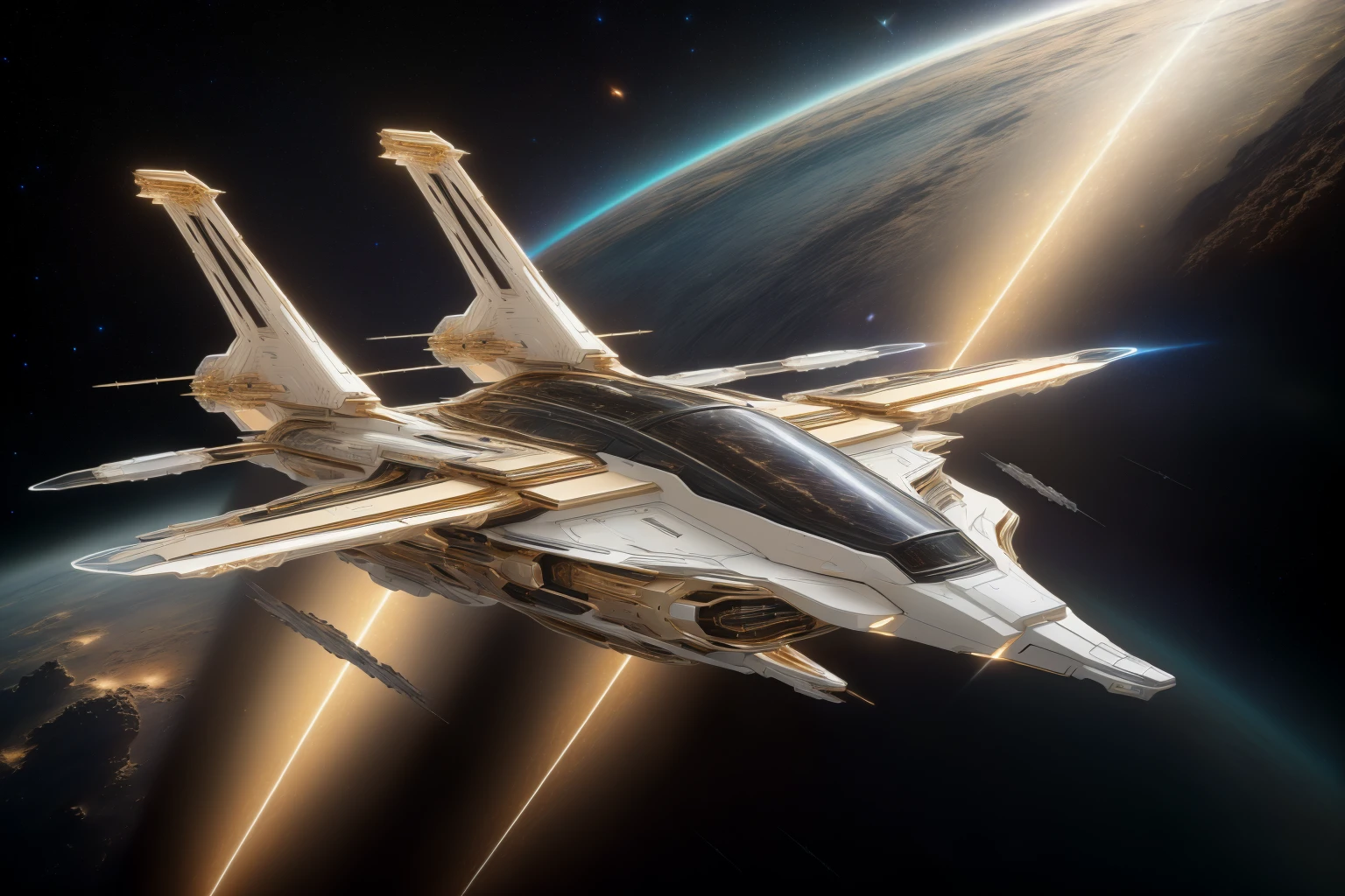 Masterpiece in photorealistic medium format 8k raw photography, (Pale Gold zzspczz soaring:1.3), An interstellar cloud, a vast region of gas and dust where new stars are born, (Full shot:1.3), Hyper-realistic details, (Epic panorama:1.2), Shot with a Canon EOS R5, 50mm f/1.4 lens, Cinematic atmosphere, Perfect clarity <lora:Futuristic Spacecraft Generator Concept v5.0-000008:1>