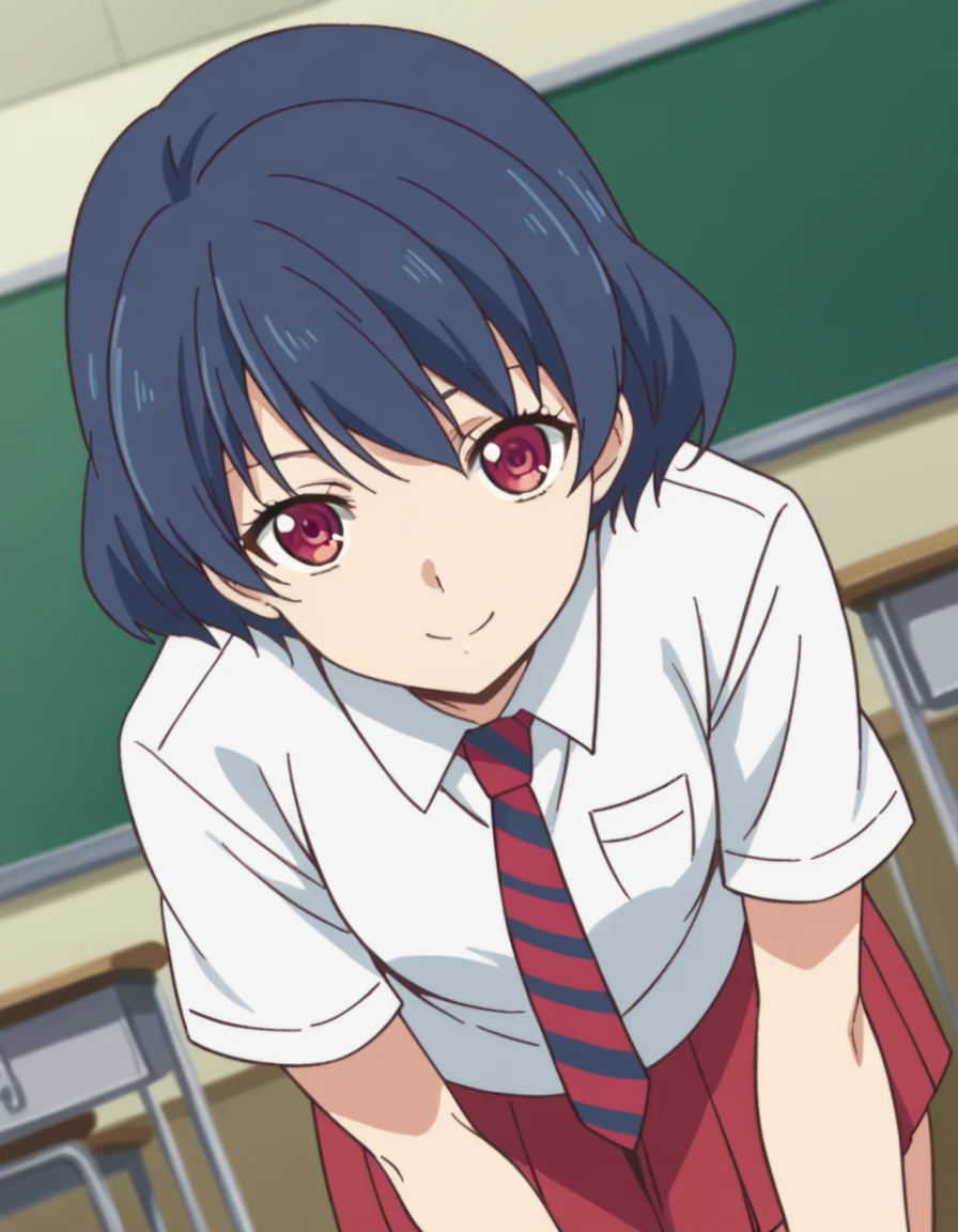 score_9, score_8_up, score_7_up, source_anime,
ruitachibana, <lora:rui-tachibana-s1-ponyxl-lora-nochekaiser:1>,
rui tachibana, short hair, red eyes, blue hair,
skirt, school uniform, necktie, striped, red skirt, striped necktie,
indoors, classroom, bent over, smile,
looking at viewer, cowboy shot, dutch angle, solo,