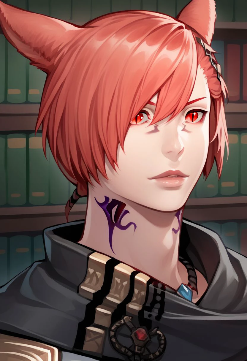 grahatiaffxivdsk, animal ears, miqo'te, solo, cat ears, red eyes, short hair, neck tattoo, red hair, tattoo, slit pupils, portrait, male focus, facial mark, cat boy, androgynous, hair ornament, bookshelf, 1boy, lips, bangs PonyXLV6_Scores