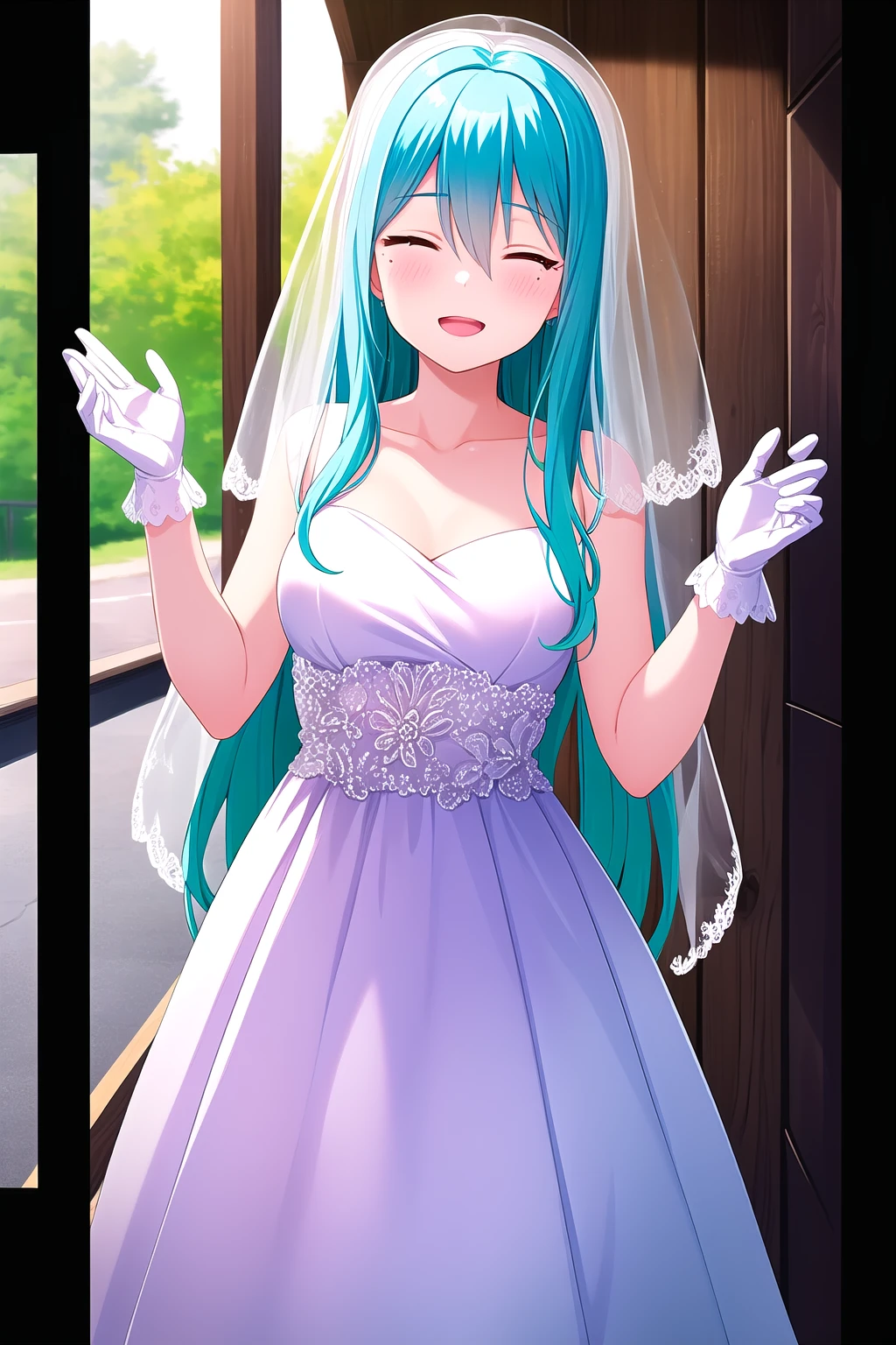 (masterpiece, best quality), highly detailed background, perfect lightingbest quality, kayashimaotome, solo, outdoors, bridal veil, light blue hair, hair between eyes, wavy hair, very long hair, closed eyes, mole under eye, medium breasts, wedding dress, white dress, white gloves, frilled skirt, smile, open mouth, ^o^, pink lips, <lora:Kayashima-Otome:0.7>