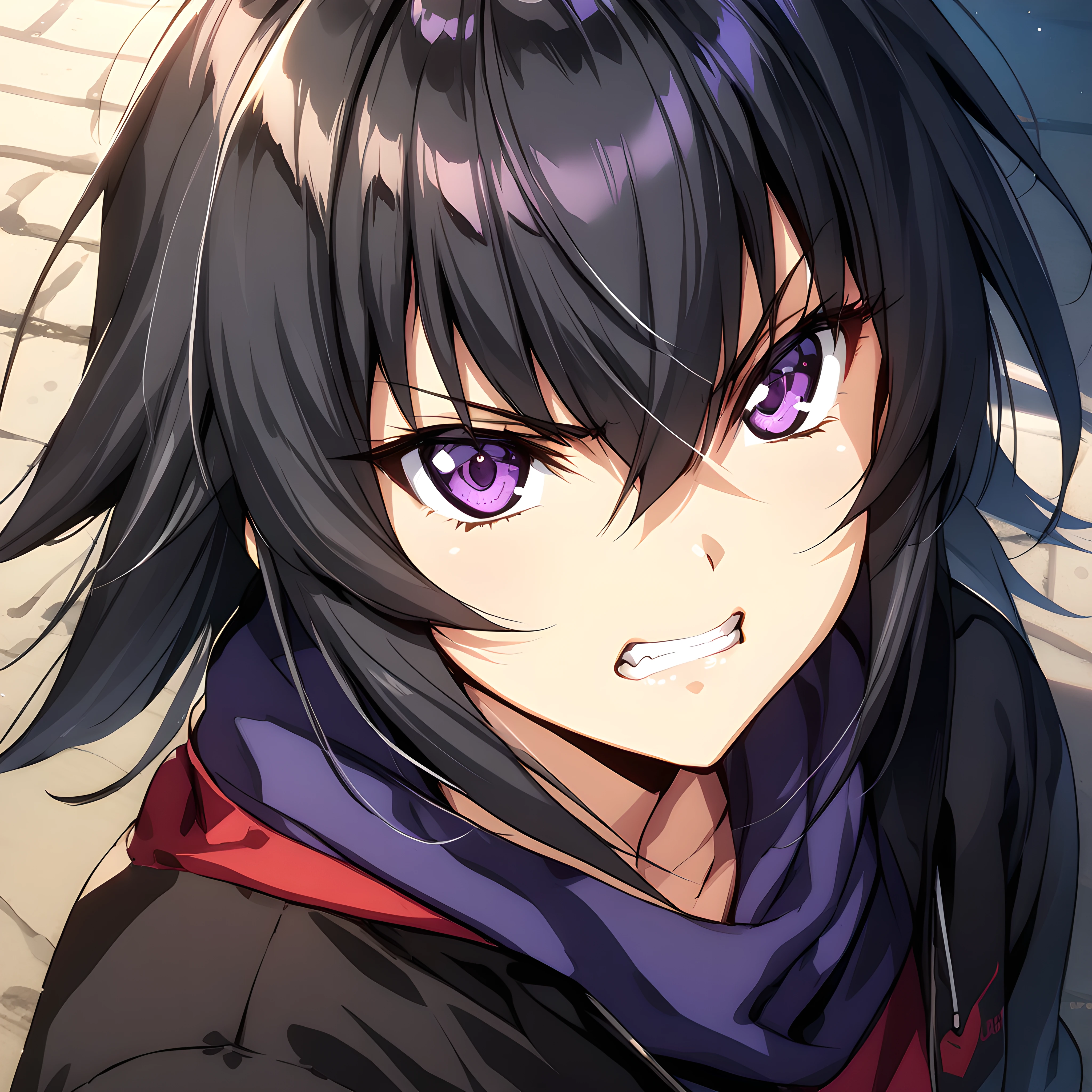 (masterpiece),(best quality),(ultra-detailed),(best illustration),(best shadow),(absurdres),(detailed background),(very aesthetic), akitsuki_karasu artstyle, ayamine kei, 1girl, dimensionstyle, solo, purple eyes, black hair, close-up, teeth, hair between eyes, looking at viewer, bangs, clenched teeth, v-shaped eyebrows <lora:XL-Ayamine_Keiå½©å³°_æ§_-_Muv_Luv_Alternativeããã©ã´ãªã«ã¿ãã¤ãã£ã_SDXL_Animagine_XL_3.1v1.5BETA:1>