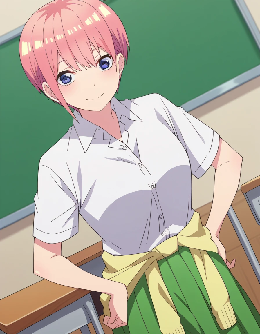 score_9, score_8_up, score_7_up, source_anime,
ichikanakano, <lora:ichika-nakano-s2-ponyxl-lora-nochekaiser:1>,
ichika nakano, short hair, bangs, blue eyes, hair between eyes, pink hair, pixie cut, smile, mature female,
skirt, shirt, school uniform, white shirt, short sleeves, pleated skirt, shoes, socks, collared shirt, black footwear, sweater, white socks, green skirt, loafers, clothes around waist,
indoors, classroom, smile,
looking at viewer, cowboy shot, solo, dutch angle,