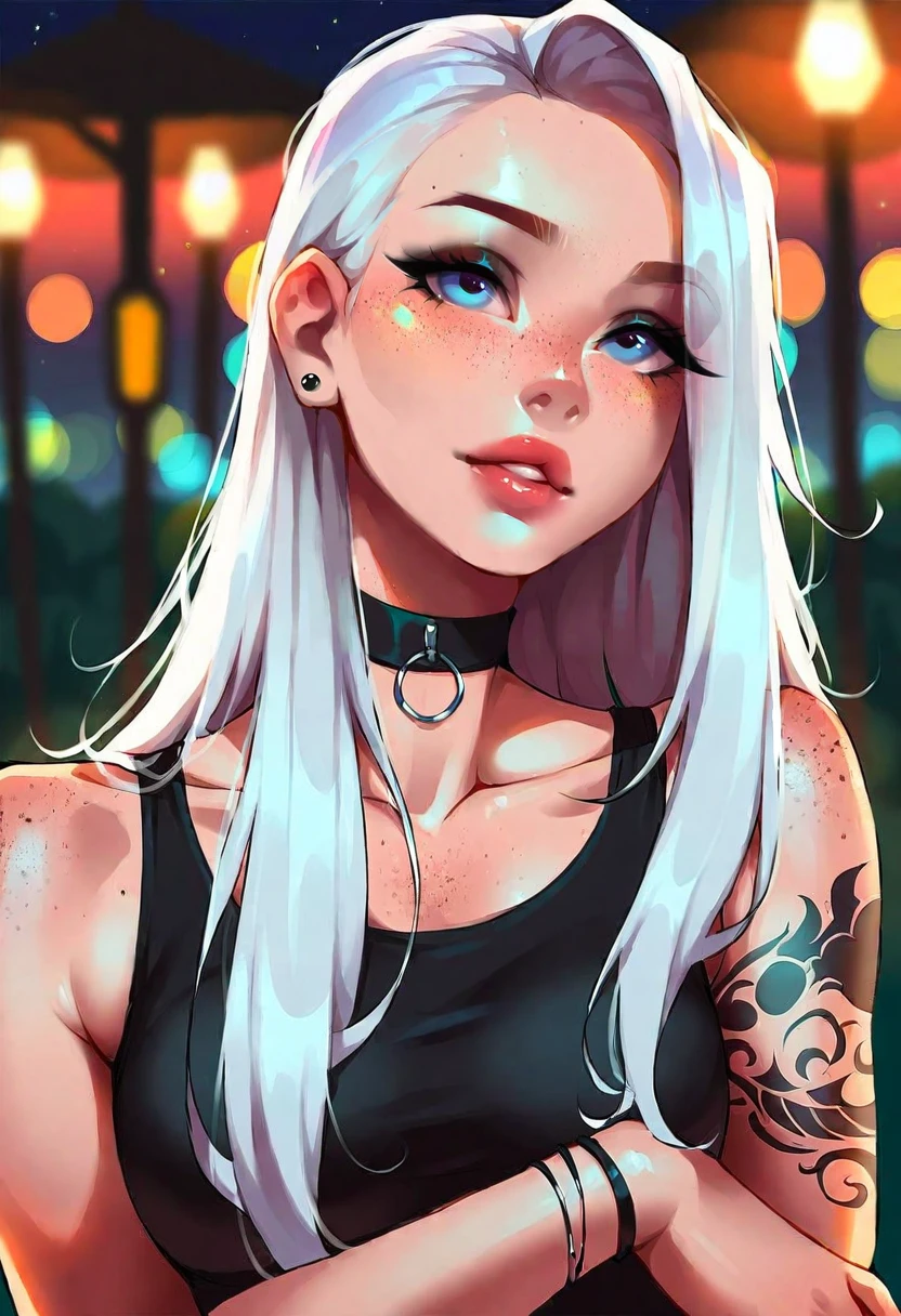 very beautiful and aesthetic, raw photo, realistic, score_9, score_8_up, score_7_up, score_6, score_5, score_4, source_anime, rating_safe, dark theme, 1girl, choker, long hair, tattoo, blue eyes, white hair, solo focus, black choker, dress, blurry background, black dress, jewelry, arm tattoo, bracelet, lips, parted lips, freckles, bare shoulders, breasts, upper body, sleeveless, depth of field, outdoors, tank top, collarbone, gothic, solo, small breasts,