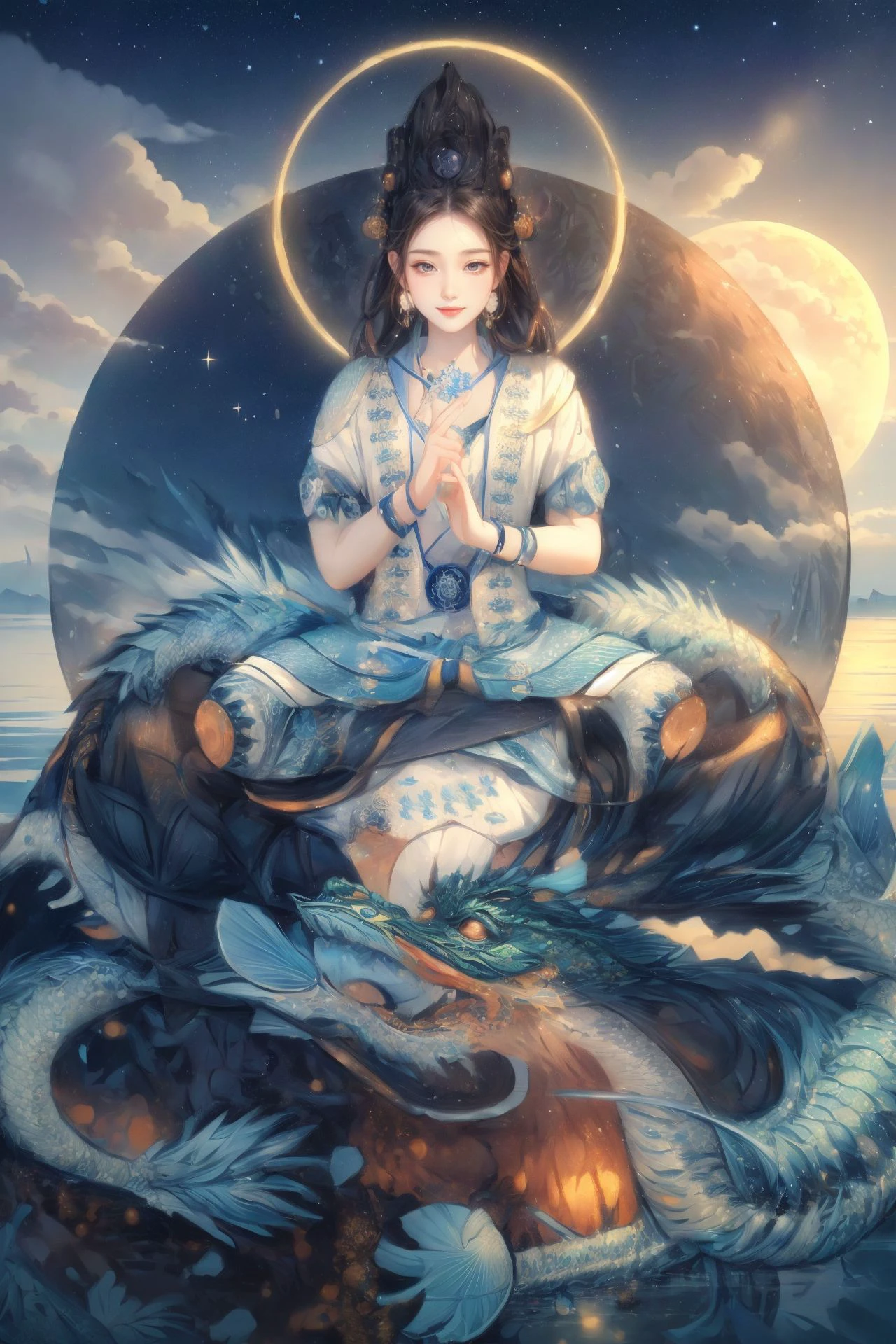 ((best quality)), ((masterpiece)),night,
(chinese text,wall of text),((1girl,smirk)),hanfu,water,eastern dragon, 
BREAK
full moon,stars,
BREAK
water and outdoors,
BREAK
horizon and water,
<lora:pasguanv1:0.389>,
<lora:add_detail:0.912>, <lora:yuzuv10:0.3>,
lily pad ,  cloud and architecture