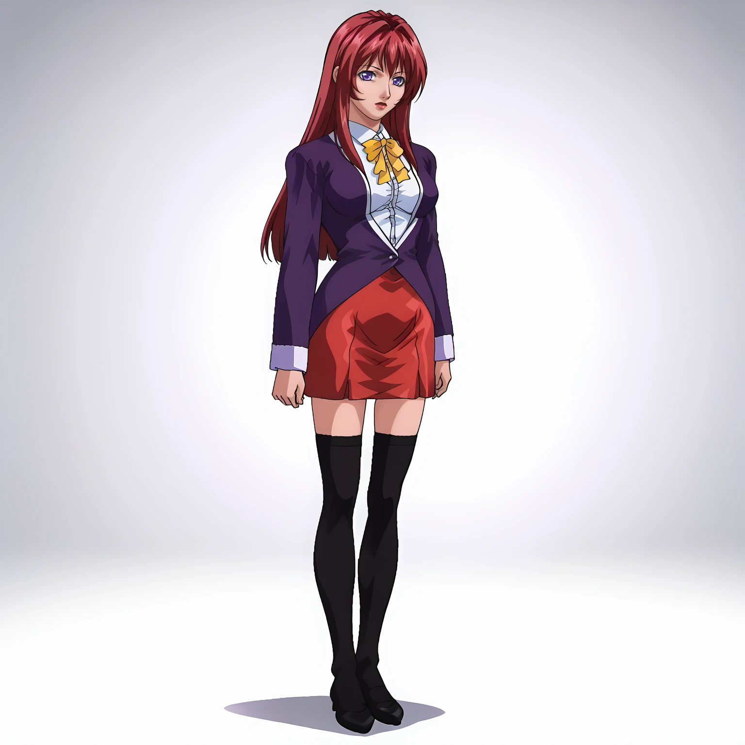 <lora:HirokoTakashiroXLpony001>,
solo,
HirokoTakashiro,1girl,red hair,long hair,purple eyes,red_lips_,
purple jacket,white shirt,white trim,long_sleeves,yellow ribbon tie,
red skirt,
black_thighhighs,
full body,standing,