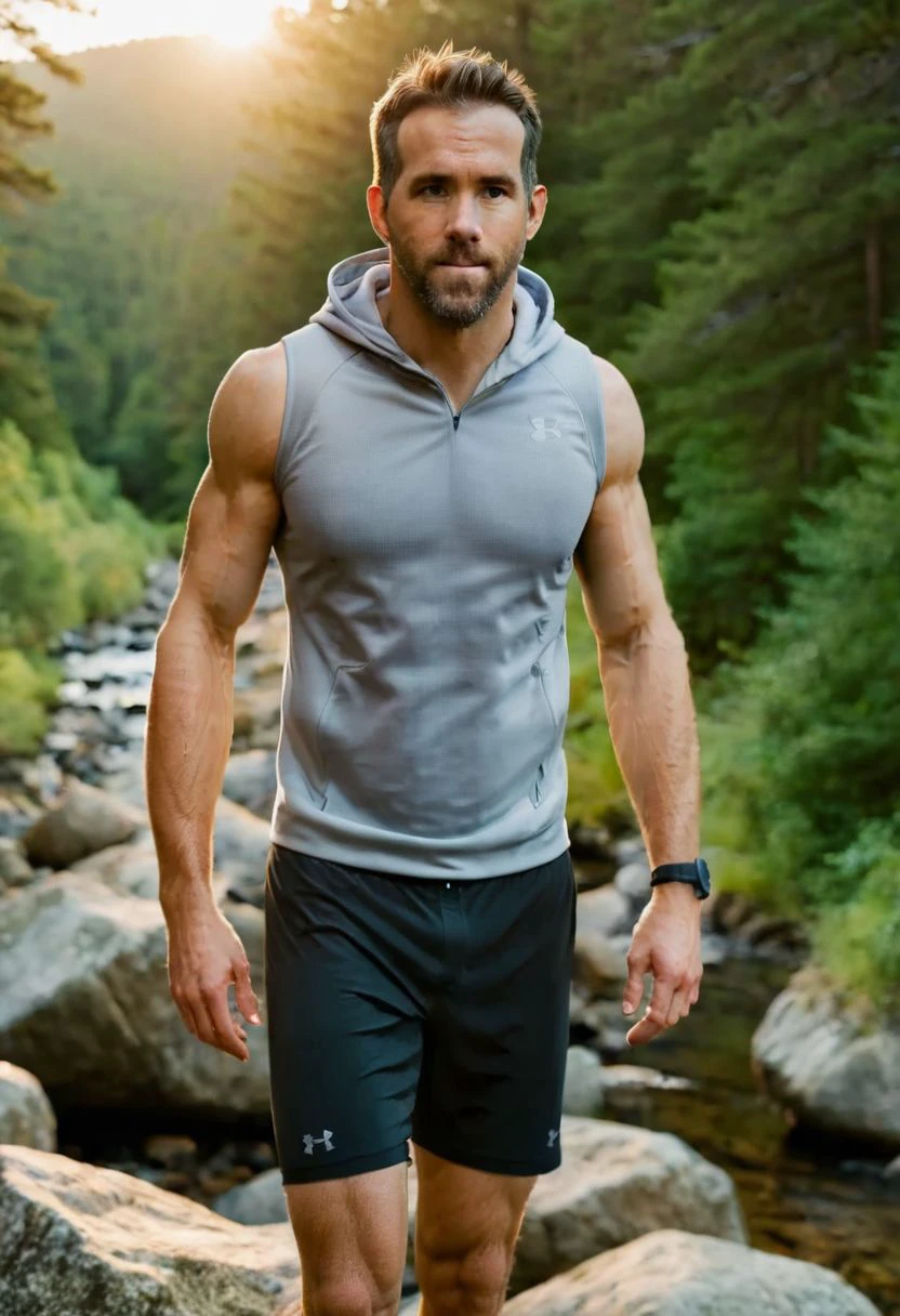 photo of ryan reynolds a man <lora:ryan-raynolds:1>, wearing a sleeveless well-fitted under armour hoodie and compression shorts, standing on a boulder, outdoor trail, 35mm photograph, film, bokeh, professional, 4k, highly detailed, creek in the background, natural lighting, golden hour