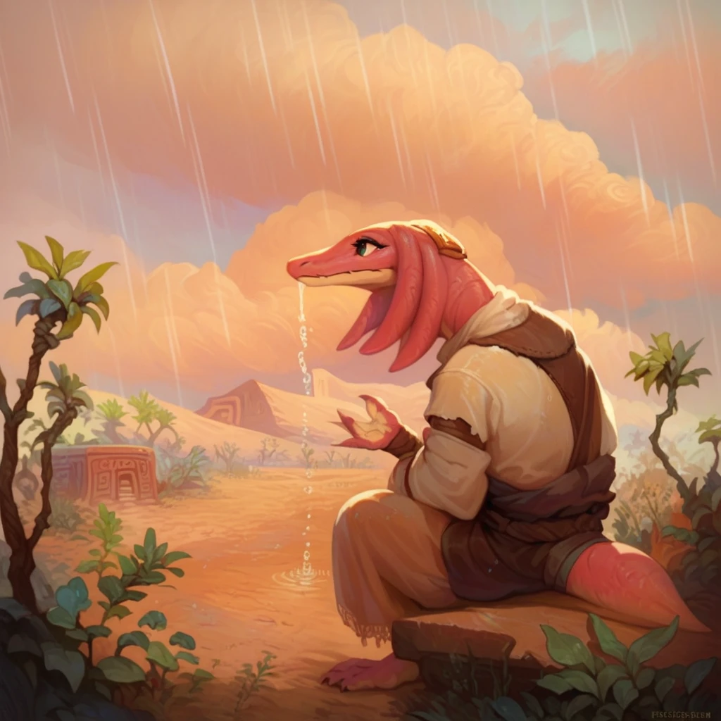 score_9, score_8_up, score_7_up, score_6_up, score_5_up, score_4_up, a female bangaa commoner sitting under palms by an oasis in a desert, on a stormy day with thick clouds, rain pouring from the skies