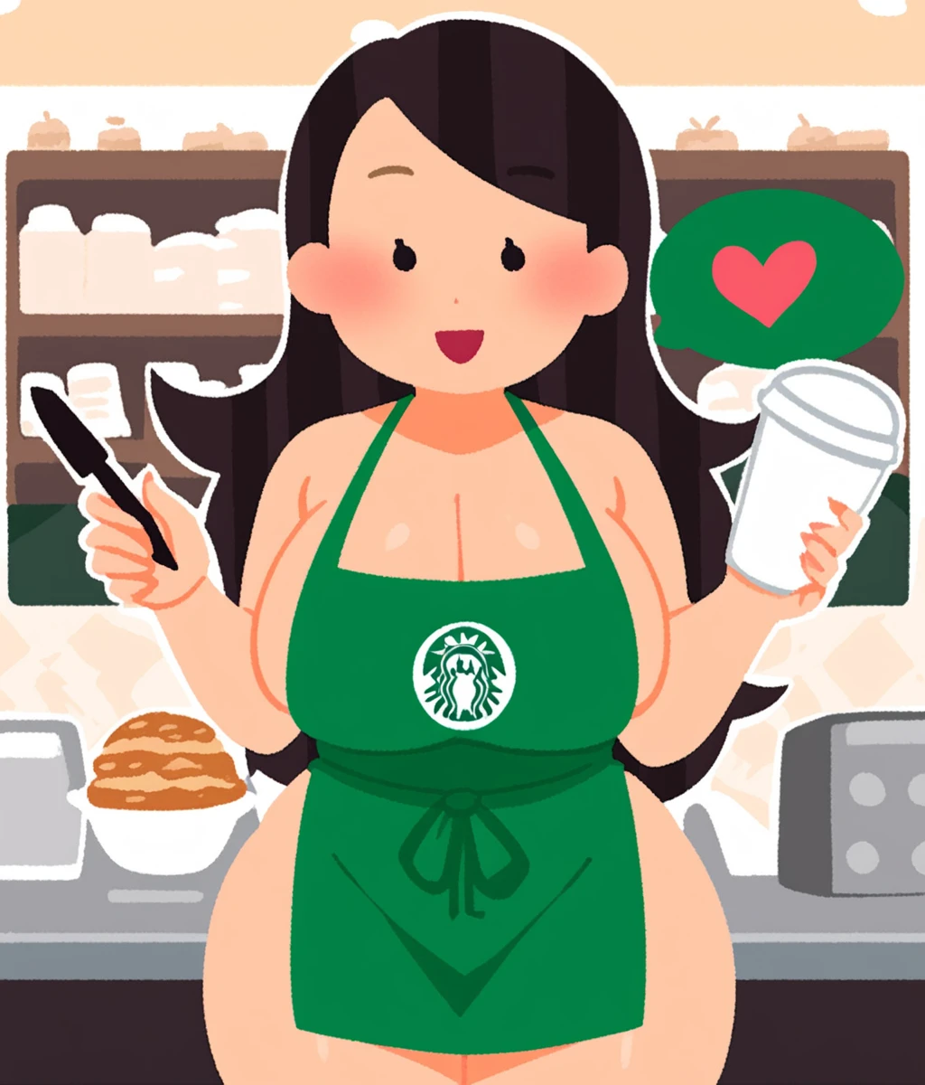 Score_9,score_8_up,score_7_up,1girl,solo,big breasts,cleavage,thick thighs,wide hips,curvy,green apron,looking at viewer,black eyes,long hair,blush,open mouth,kind_smile,holding cup,too many hearts,starbucks,cafe,green theme,emoji,stick figure,cartoonized,2d illustration,uncensored,<lora:Style_Irasutoya:1.1>,