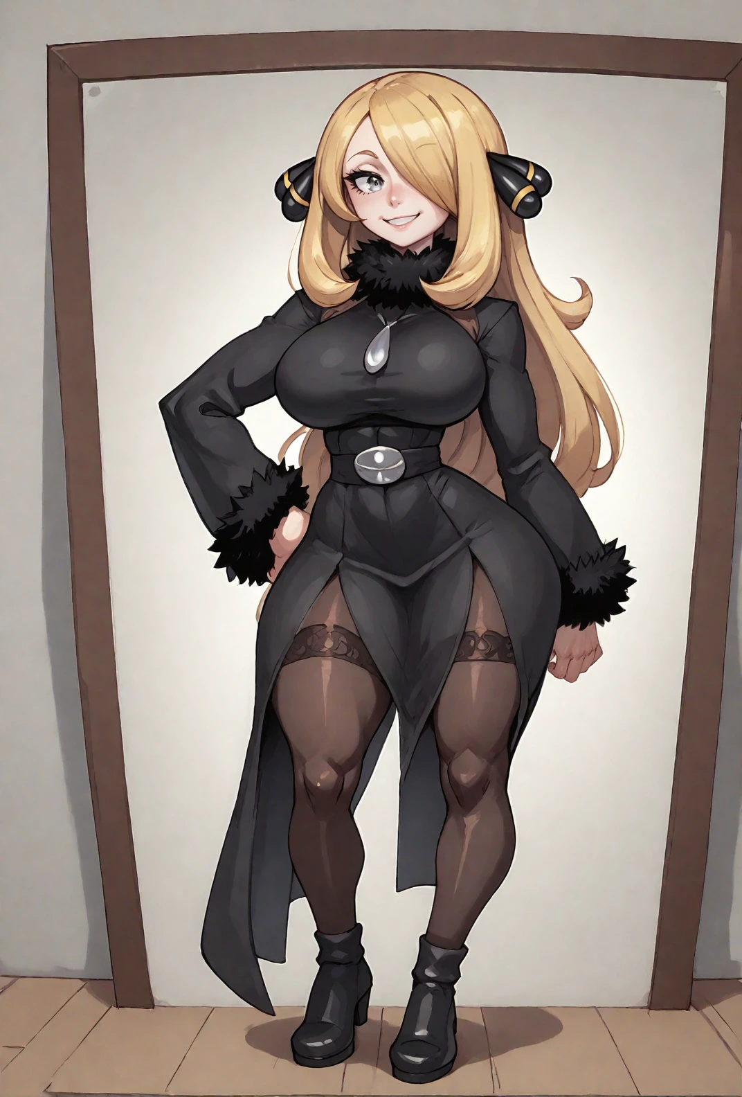 score9, score_8_up, score_7_up, pokemon, 1girl, blonde_hair, grey_eyes, black dress, cynthia from pokemon approaching the viewer, smile, standing, indoors, big room, pokemon arena, character focus, close up, voluptuous, curvy, traditional media, traditional art, <lora:Glorp_Bingo_Mega_Mix-000001:1> glorpbingomegamix1