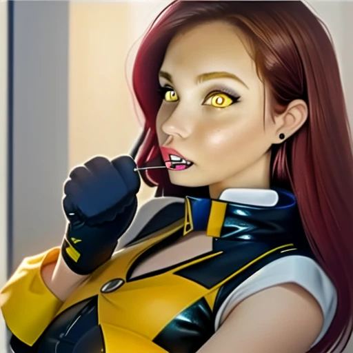 one breast out, piercing, yellow eyes, gloves
