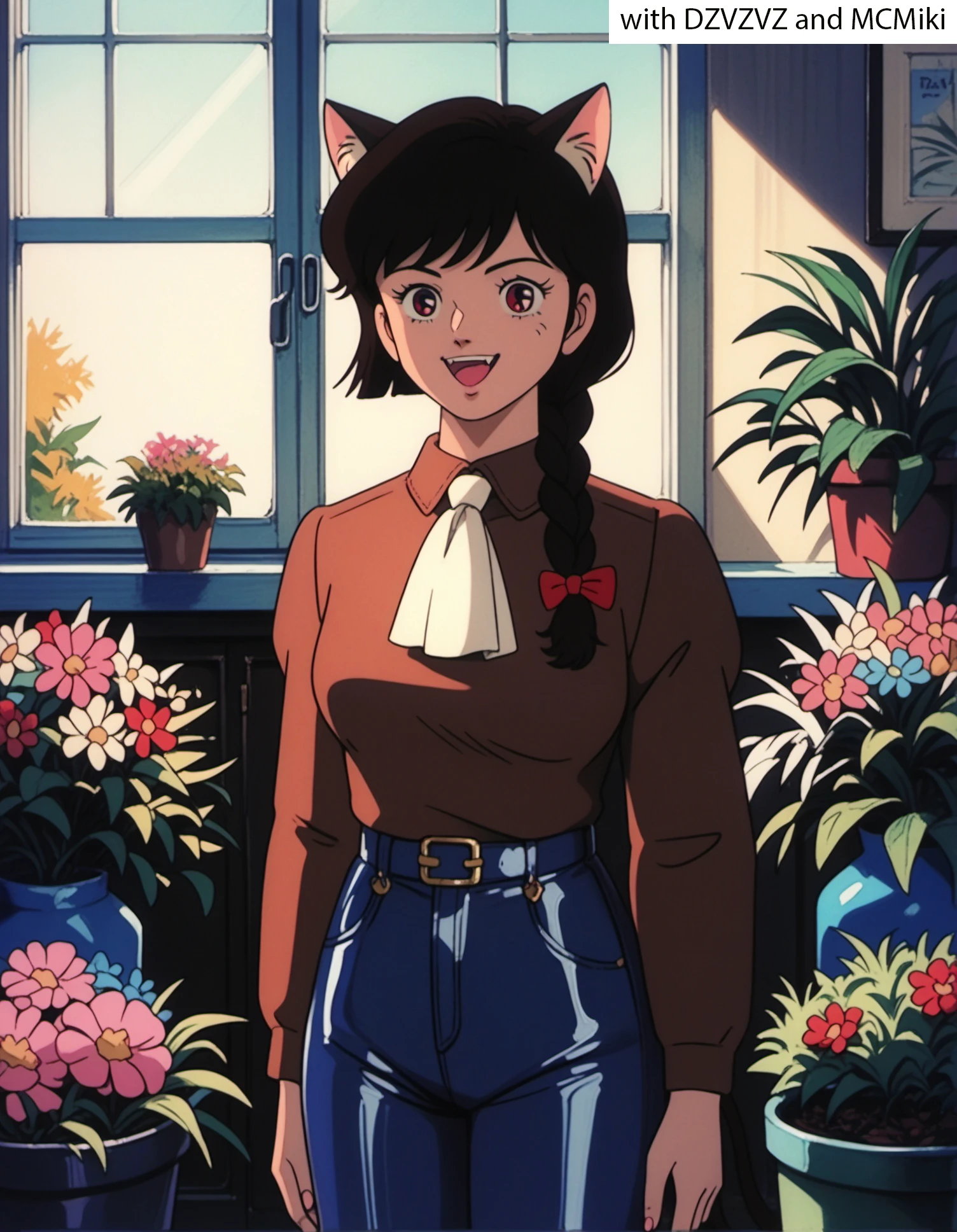 DZVZVZ, score_9, score_8_up, score_7_up, score_6_up, source_anime, solo, 1girl, catgirl, red eyes, happy, braid, black hair, sukajan, brown shirt, leather chaps, ascot, greenhouse, window, garden, blooming flowers, fragrant, (MCMiki:0.7), medium breasts