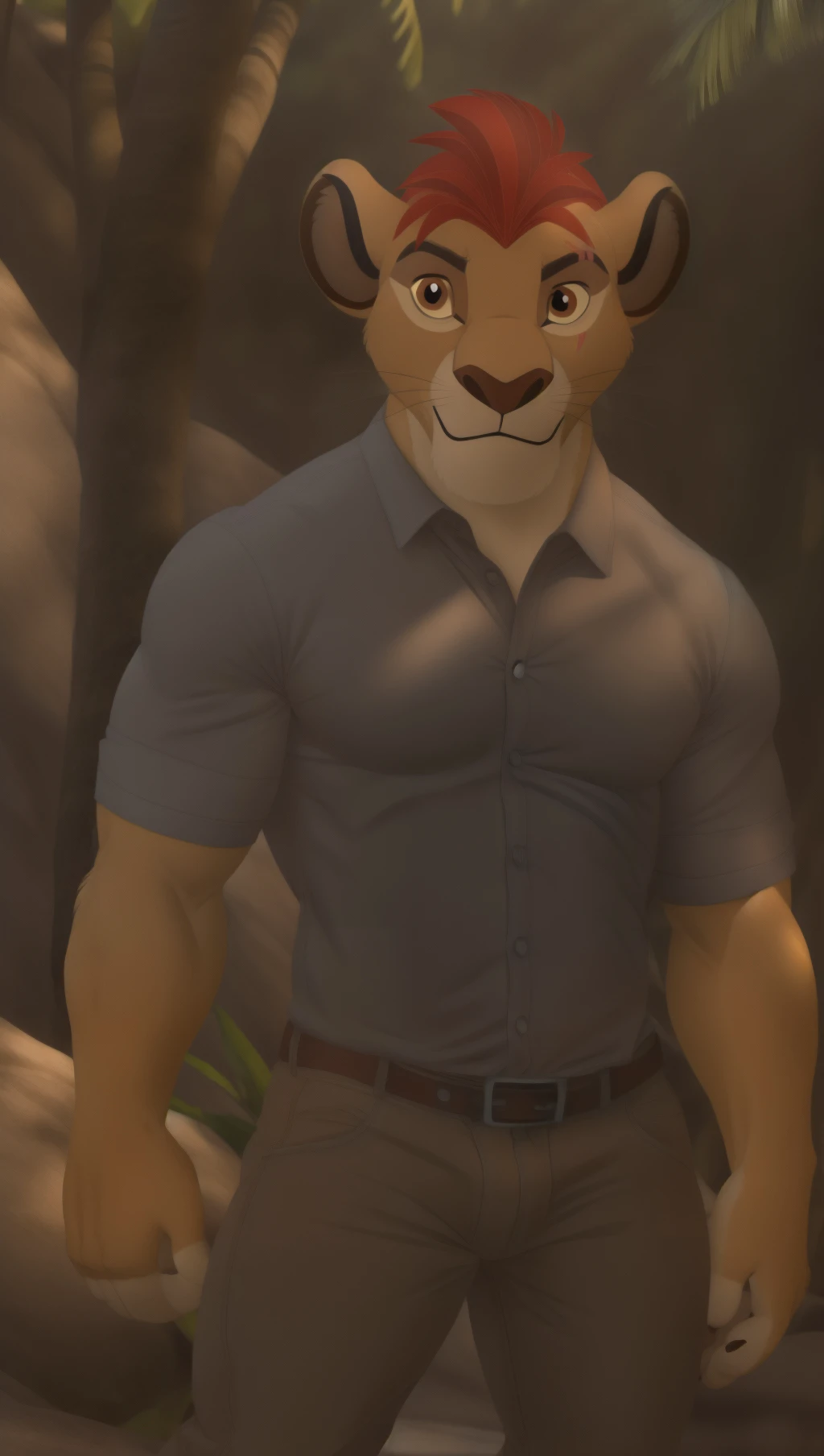 <lora:B0856DB55E:1> Majestic male cute lion (kion, the lion gaurd), muscular, bara, (posing:1.3), (soft shading), 4k, hi res, five fingers, detailed hands, ((detailed face, (detailed eyes:1.0), detailed)), by zackarry911, by zaush, (by personalami:0.5), solo, looking at viewer, smile, shirt, 1boy, jungle, trees , male focus,  belt, pants, black shirt, denim, jeans,