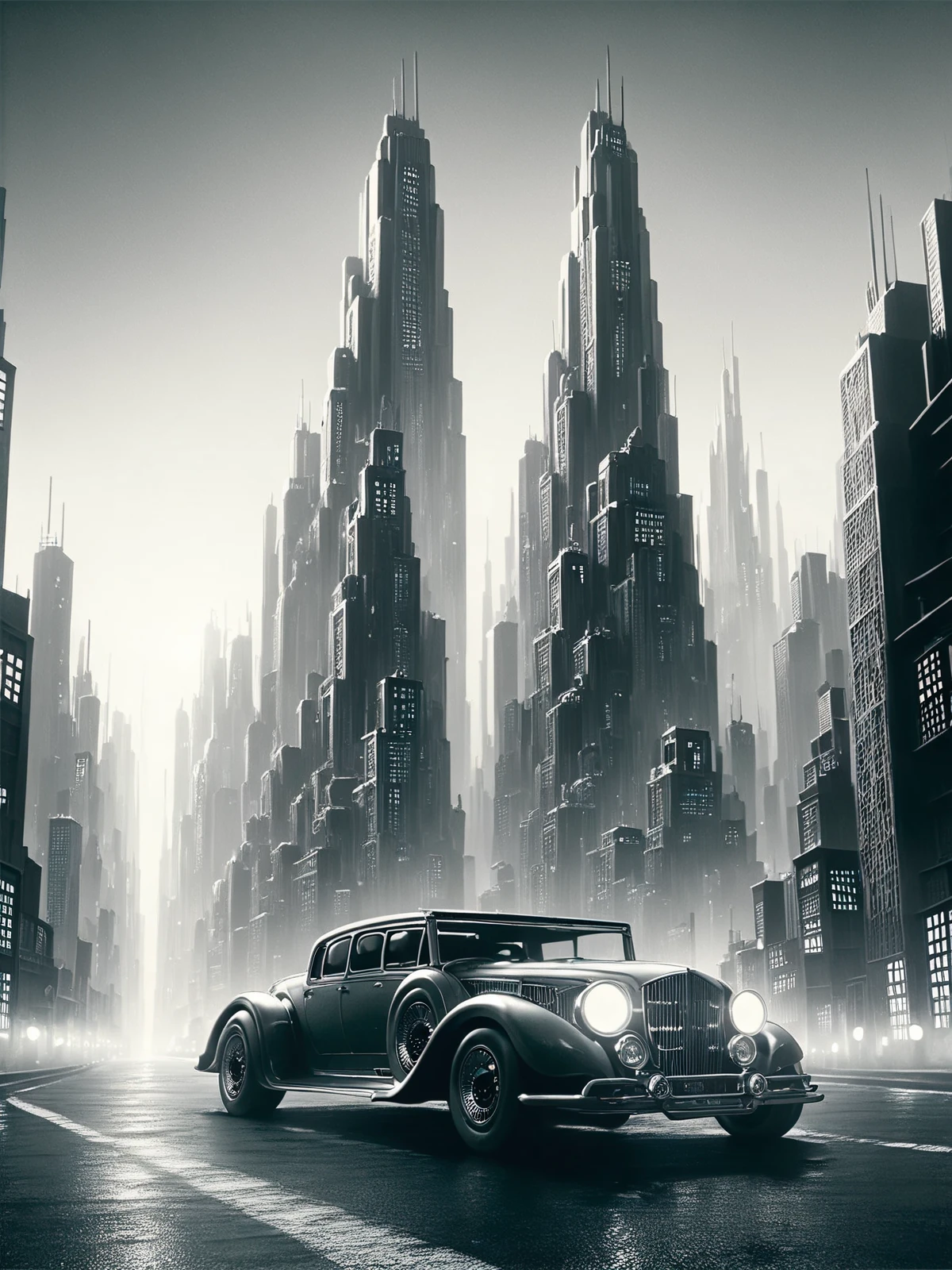 score_9, score_8_up, score_7_up, car driving through city, futuristic, stylized, art deco, expressionist, 1920s, black and white <lora:Metropolis__Style_Pony:0.8>