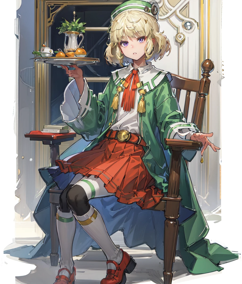 1girl, solo, skirt, blonde hair, full body, purple eyes, red skirt, white background, striped clothes, hat, simple background, short hair, brown footwear, pleated skirt, pantyhose, looking at viewer, long sleeves, shoes, belt, white shirt, shirt, thighhighs, sitting, chair, from side, green striped thighhighs, green cloak, wide sleeves, indoors, castle <lora:carrie-10:0.8>