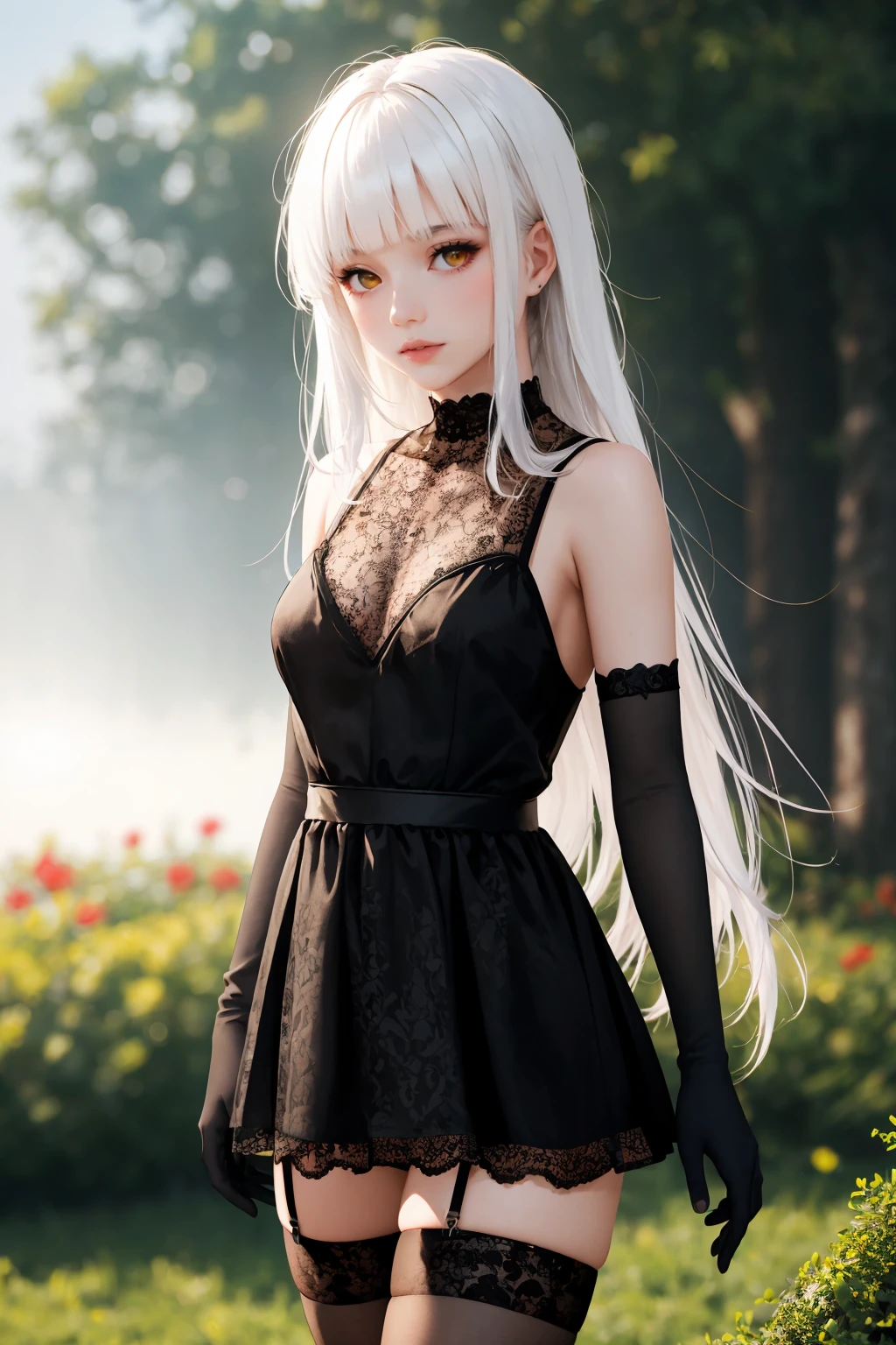 1girl, yellow eyes, white hair, long hair, blunt bangs, (small breast:1.1), black lace sleeveless dress, black lace elbow gloves, black lace thighhighs, (blurry background, blurry foreground, depth of field, ambient lighting, volumetric lighting:1.3), outdoors, garden, fog, morning, sunlight, lens flare