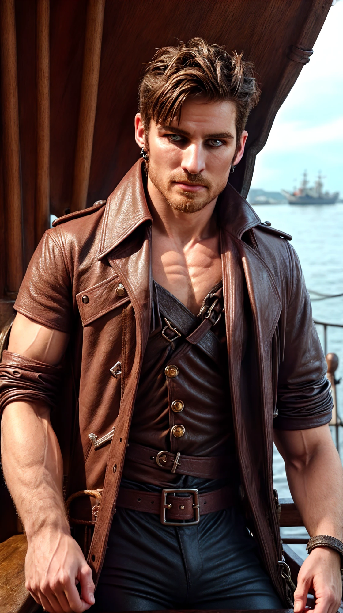 (masculine:1.3), handsome face, (face and upper body shot), (((short hair:1.3))), (messy stylish hairstyle:1.2), on wooden ship:1.2, wearing leather pants, (guy wearing pirate leather coat and shirt:1.2), confident, handsome, (((masterpiece))), (((best quality))), <lora:more_details:0.5>, (short hair), male, CaptainHookKillian,  <lora:CaptainHookKillian (1):1> (strong physique:1.3)
