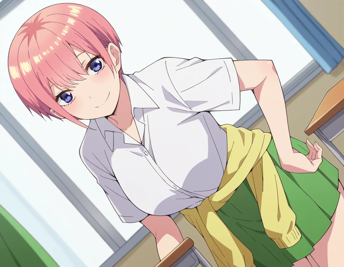 score_9, score_8_up, score_7_up, source_anime,
ichikanakano, <lora:ichika-nakano-s2-ponyxl-lora-nochekaiser:1>,
ichika nakano, short hair, bangs, blue eyes, hair between eyes, pink hair, pixie cut, smile, mature female,
skirt, shirt, school uniform, white shirt, short sleeves, pleated skirt, collared shirt, sweater, green skirt, clothes around waist,
indoors, classroom, smile, bent over,
looking at viewer, cowboy shot, solo, dutch angle,