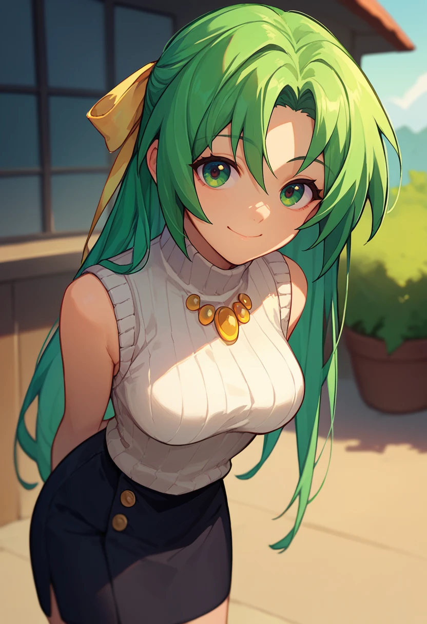 score_9, score_8_up, score_7_up, 1girl, ShionSW, green hair, long hair, green eyes, hair ribbon, white turtleneck sweater, black skirt, yellow necklace, sleeveless, bent over, smile, closed mouth, arms behind back, outdoors, <lora:Shion DORAV3-000008:1>