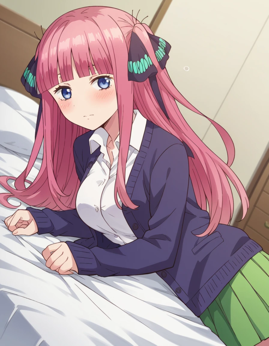 score_9, score_8_up, score_7_up, source_anime,
ninonakano, <lora:nino-nakano-s1-ponyxl-lora-nochekaiser:1>,
nino nakano, long hair, bangs, blue eyes, hair ornament, hair ribbon, pink hair, blunt bangs, two side up, butterfly hair ornament, mature female,
skirt, shirt, long sleeves, white shirt, pleated skirt, open clothes, collared shirt, sleeves past wrists, dress shirt, cardigan, green skirt, open cardigan, black cardigan,
indoors, bed, bed room, on side, blush, drunk,
looking at viewer, cowboy shot, dutch angle, solo,