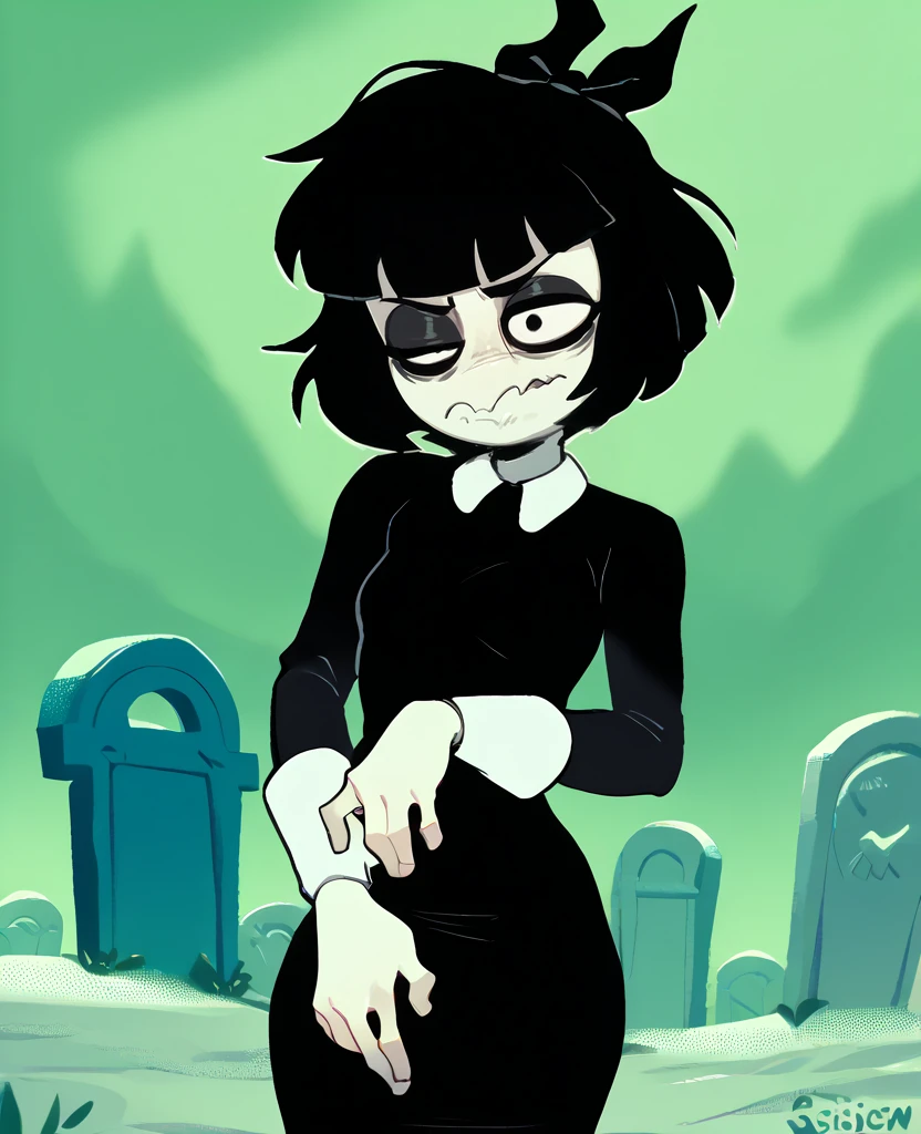 score_9,score_8_up,score_7_up,score_6_up,
susiexl,short hair,bangs,wavy mouth,black eyeliner,black eyes,right eye half closed,left eye open,
black dress,long sleeves,wrist cuffs,black hair ribbon,
standing,
cemetery,night,cloudy,<lora:SusieB98:1>,