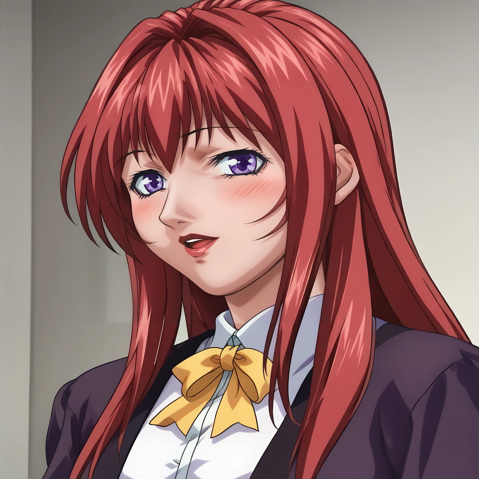 <lora:HirokoTakashiroXLpony001>,blush,open mouth,smile,
solo,
HirokoTakashiro,1girl,red hair,long hair,purple eyes,red_lips_,
purple jacket,white shirt,white trim,long_sleeves,yellow ribbon,