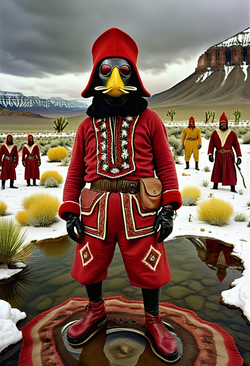 cinematic film still photograph, art by Joel Sternfeld, portrait, close up of a In the middle of a dark and colorful landscape, an anthropomorphic figure snow pantsed in a red bandana and shorts stands on his hind legs. He wears a small black helmet with a matching cap, detailed, masterpiece, Awe, shallow depth of field, vignette, highly detailed, high budget Hollywood film, cinemascope, moody, epic, gorgeous,