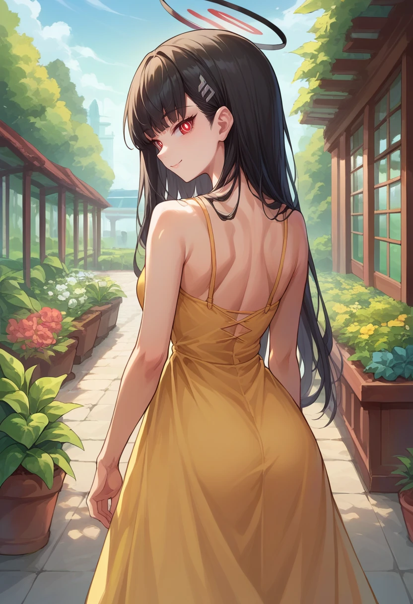 score_9, score_8_up, source_anime, 1girl, solo, TsukatsukiRio, black hair, red eyes, ringed eyes, white pupils, hairclip, halo, from behind, yellow sundress, garden, day, sunshine, smile, looking back, <lora:ChamRioTsukatsukiPonyXL-000007:1>