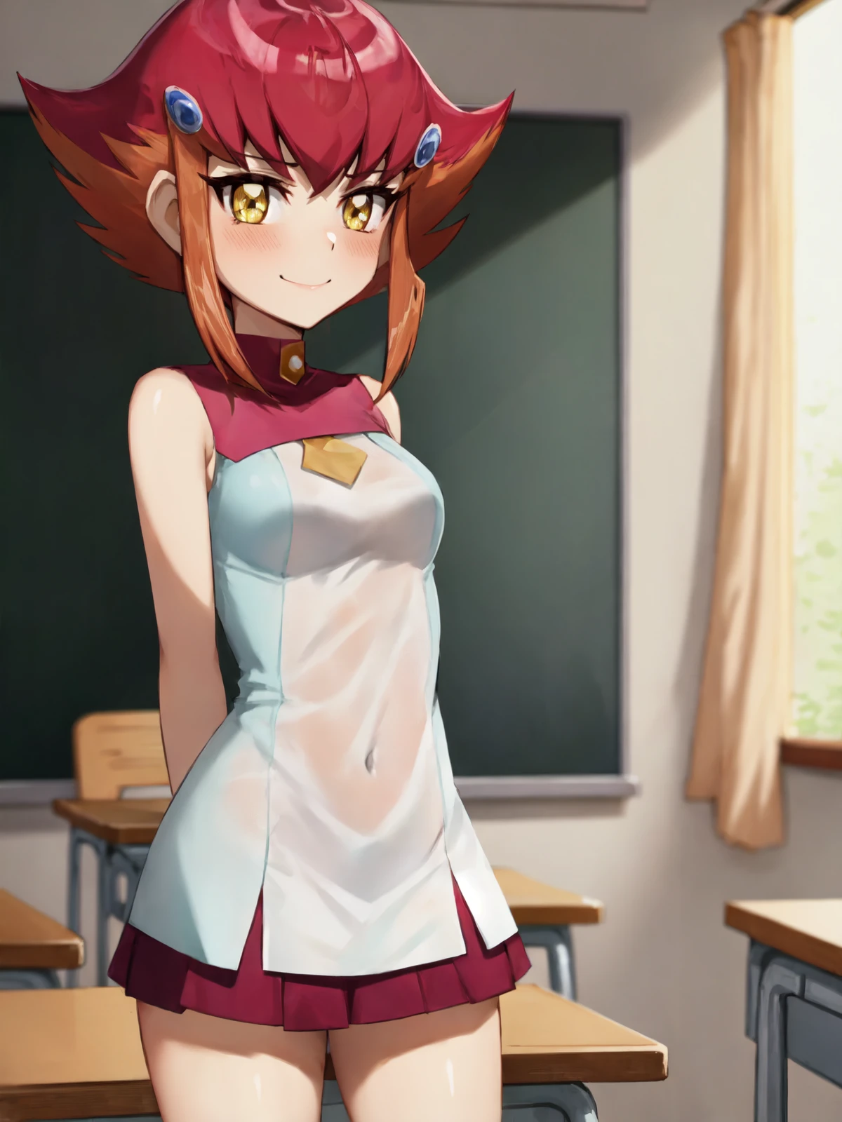 SLE, mksks style, detailed background absurdres, highres, cowboy shot, solo, 1girl, <lora:Anna Kozuki (Yu-Gi-Oh ZEXAL):1>, anna_kozuki, costume_heartland_school, standing, arms behind back, looking at viewer, smile, blush, school, classroom, indoors, sunlight