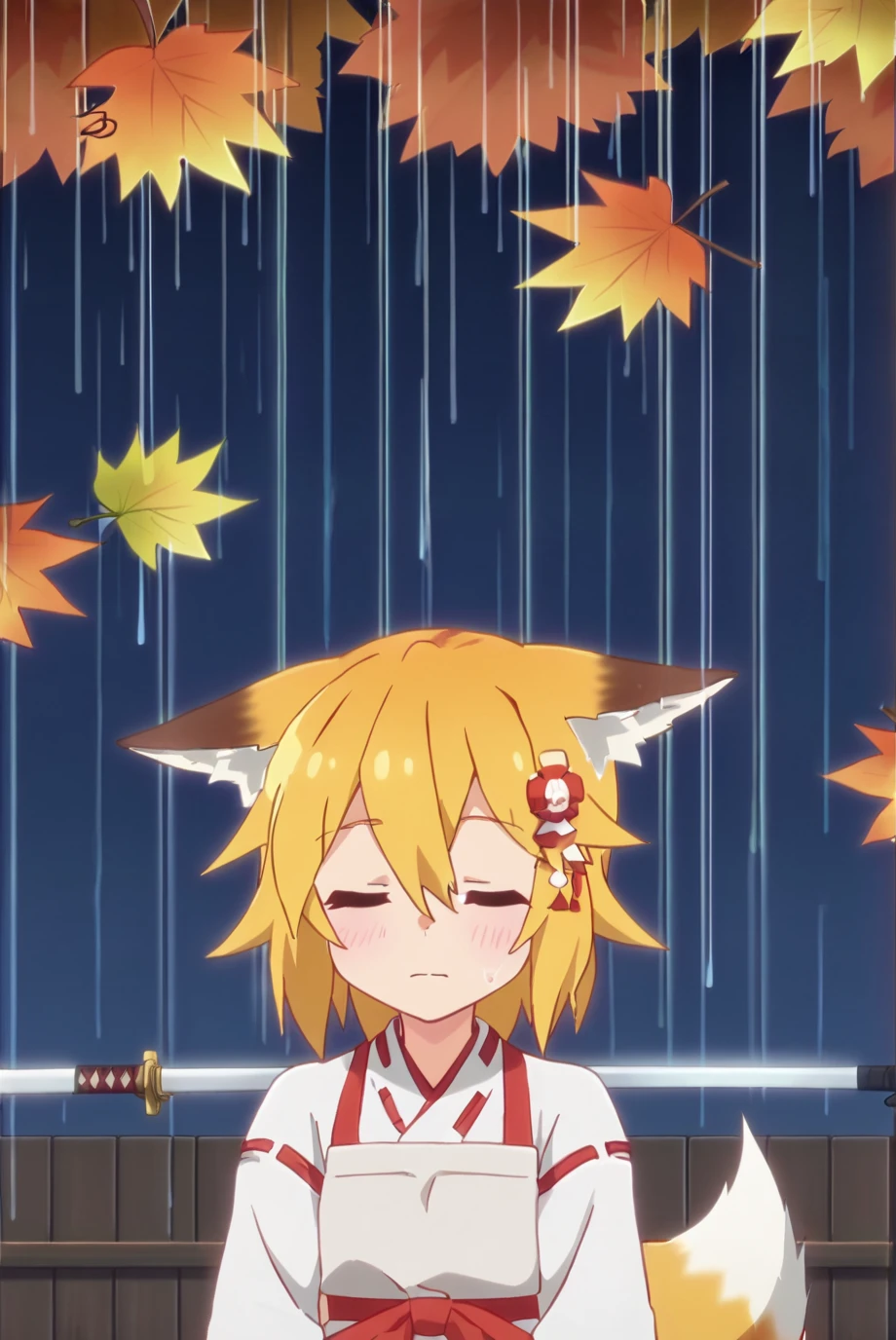 1 girl, top body, senko, miko clothes, fox tail, fox ears, exhausted face, night, holds katana, after fight, rain, thunder, exhausted, autumn, falling leaves, hair accessory, <lora:SenkoXL-000015:0.7>