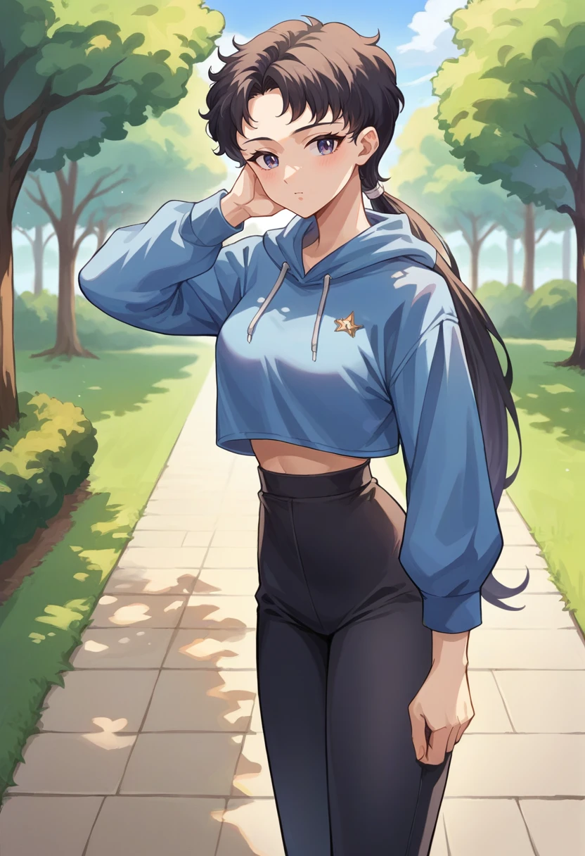 score_9, score_8_up, source_anime, 1girl, solo, SailorStarFighter, black hair, long hair, low ponytail, outdoors, park, blue hoodie, high-waist pants, yoga pants, black pants, light blush, <lora:ChamSailorStarFighterPonyXL-000006:1>