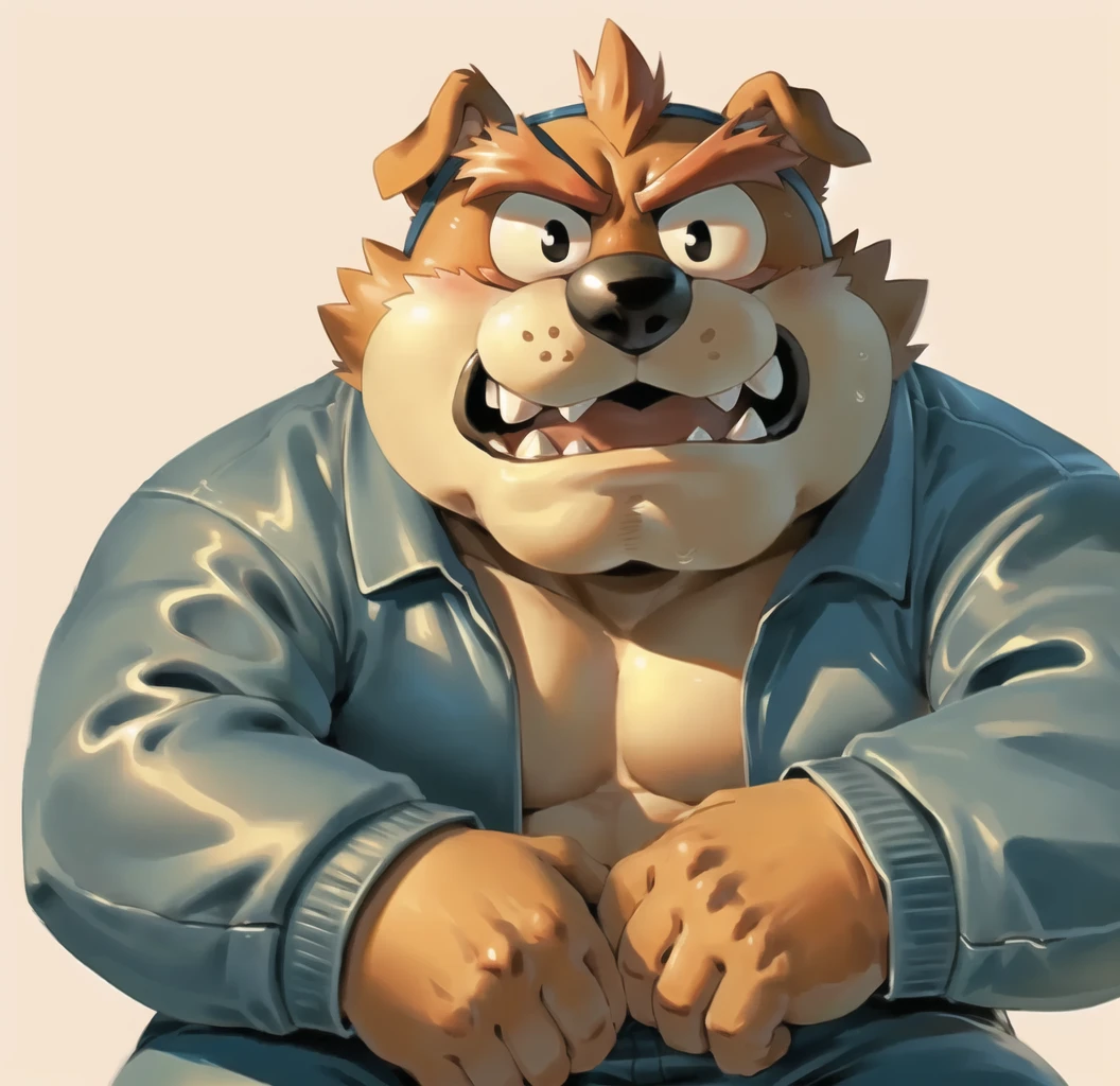 solo, male, (male anthro dribble \(warioware\), bulldog:1.3), (brown body:1.1),bright red eyebrows, thick eyebrows, (kemono:1.1), smiling, relax, open mouth, white sclera, black eyes, detailed background, 8k hd, by Pino Daeni, canyne khai, milkytiger1145, (bara), [dagasi, yupa], <lora:neg4all_bdsqlsz_V3.5:1>, 2 pupils, detailed background, small hands, the same man, , no pants,  <lora:Dribbleâ¢â¢â¢â¢â¢â¢:1>, blue jumpsuit, blue tracksuit, muscular, warioware, white background, blank background, grey snout,