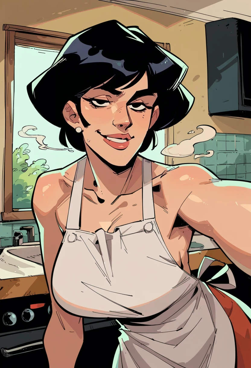 score_8_up, score_7_up, pov selfie, portrait of beautiful milf in white apron, seductive smile, bare shoulders, short black hair, kitchen, window, steam <lora:sxz-hades-pdxl:0.8> hds style, cel shading, linear hatching,