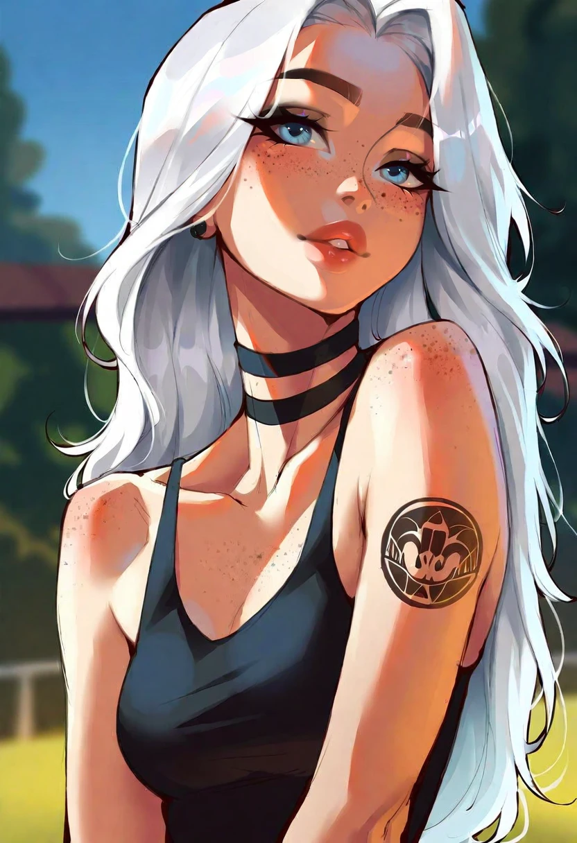 very beautiful and aesthetic, raw photo, realistic, score_9, score_8_up, score_7_up, score_6, score_5, score_4, source_anime, rating_safe, dark theme, 1girl, choker, long hair, tattoo, blue eyes, white hair, solo focus, black choker, dress, blurry background, black dress, jewelry, arm tattoo, bracelet, lips, parted lips, freckles, bare shoulders, breasts, upper body, sleeveless, depth of field, outdoors, tank top, collarbone, gothic, solo, small breasts,