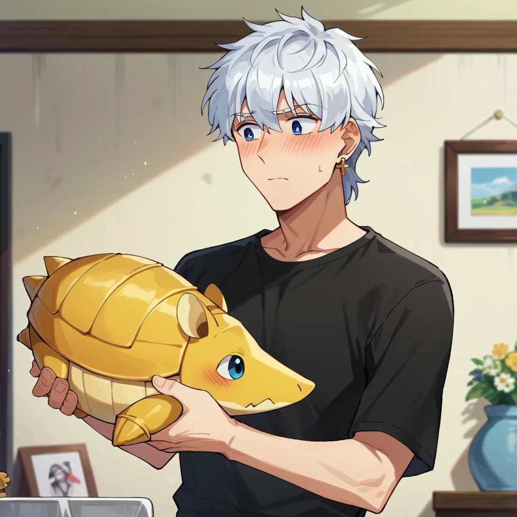 score_9, score_8_up, score_7_up, ronaldoVDNT, 1boy, solo, white hair, blue eyes, earrings, black shirt, holding animal, yellow armadillo, cute, adorable, blush, looking at animal, indoors