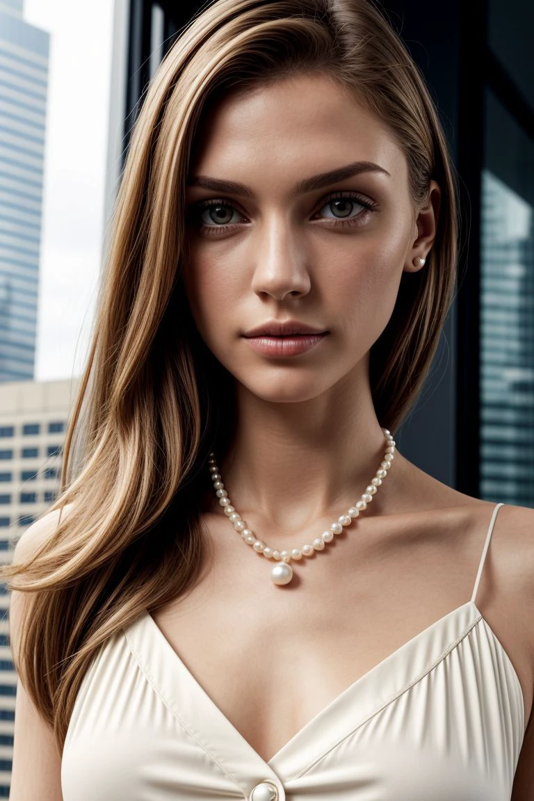 European woman, closeup, (shirt), pants, (sunset blvd), pearl necklace , [ZM_eleanor:ZM_noor], wide shoulders, perfect face, (contact iris: 1.1), pale skin, skin pores , depth of field