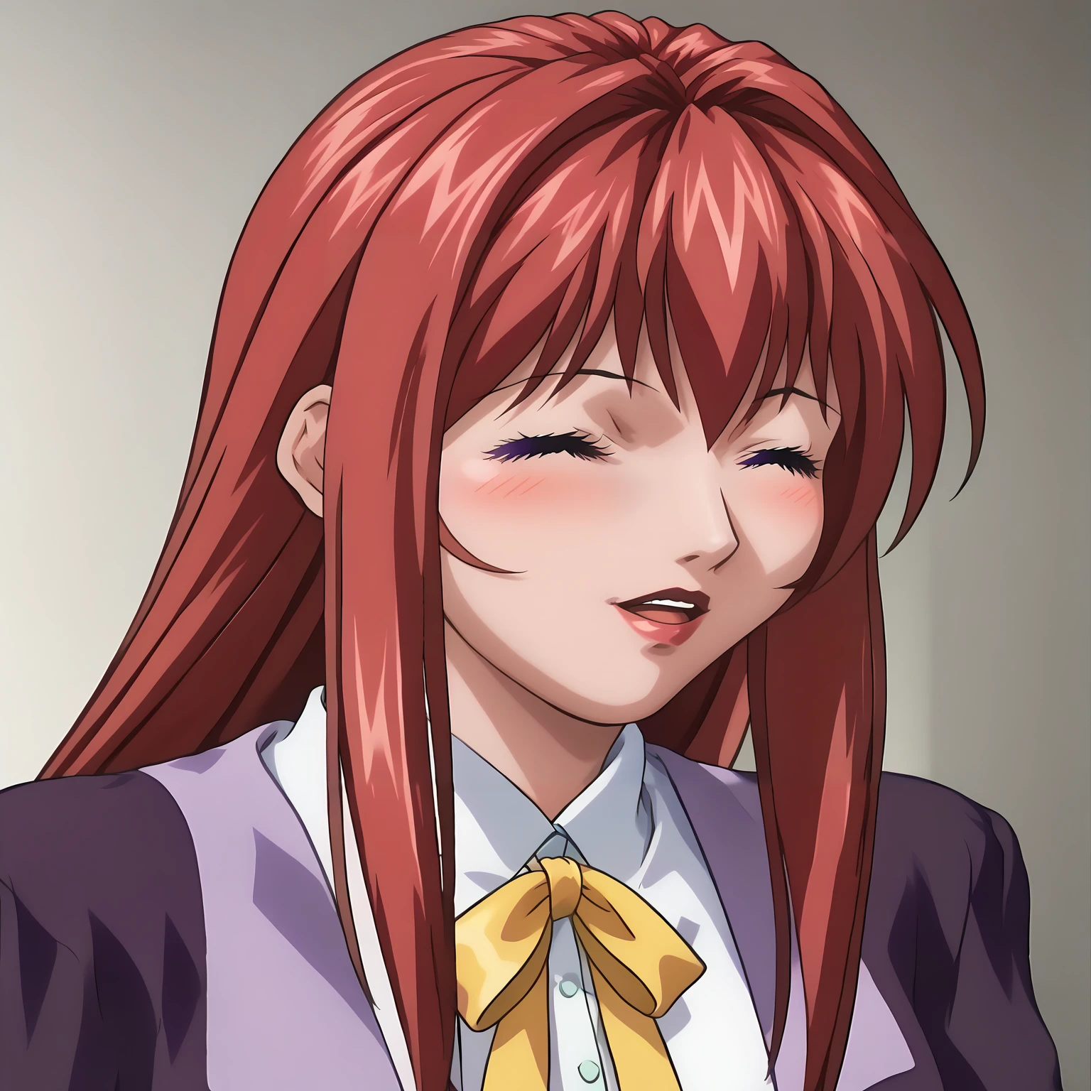 <lora:HirokoTakashiroXLpony001>,blush,open mouth,smile,closed eyes,
solo,
HirokoTakashiro,1girl,red hair,long hair,purple eyes,red_lips_,
purple jacket,white shirt,white trim,long_sleeves,yellow ribbon,