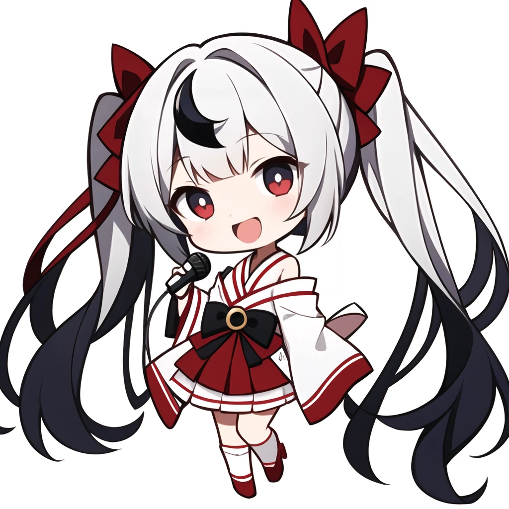 <lora:Ertouqchibi_20240428100010-000017:0.5>,Ertouqchibi,1girl,solo,chibi,smile,crescent,:d,microphone,twintails,holding,wide sleeves,red eyes,full body,white footwear,white background,japanese clothes,holding microphone,bow,open mouth,long sleeves,bangs,long hair,white hair,kimono,looking at viewer,blue bow,hair bow,boots,off shoulder,crescent hair ornament,bare shoulders,hair ornament,standing,