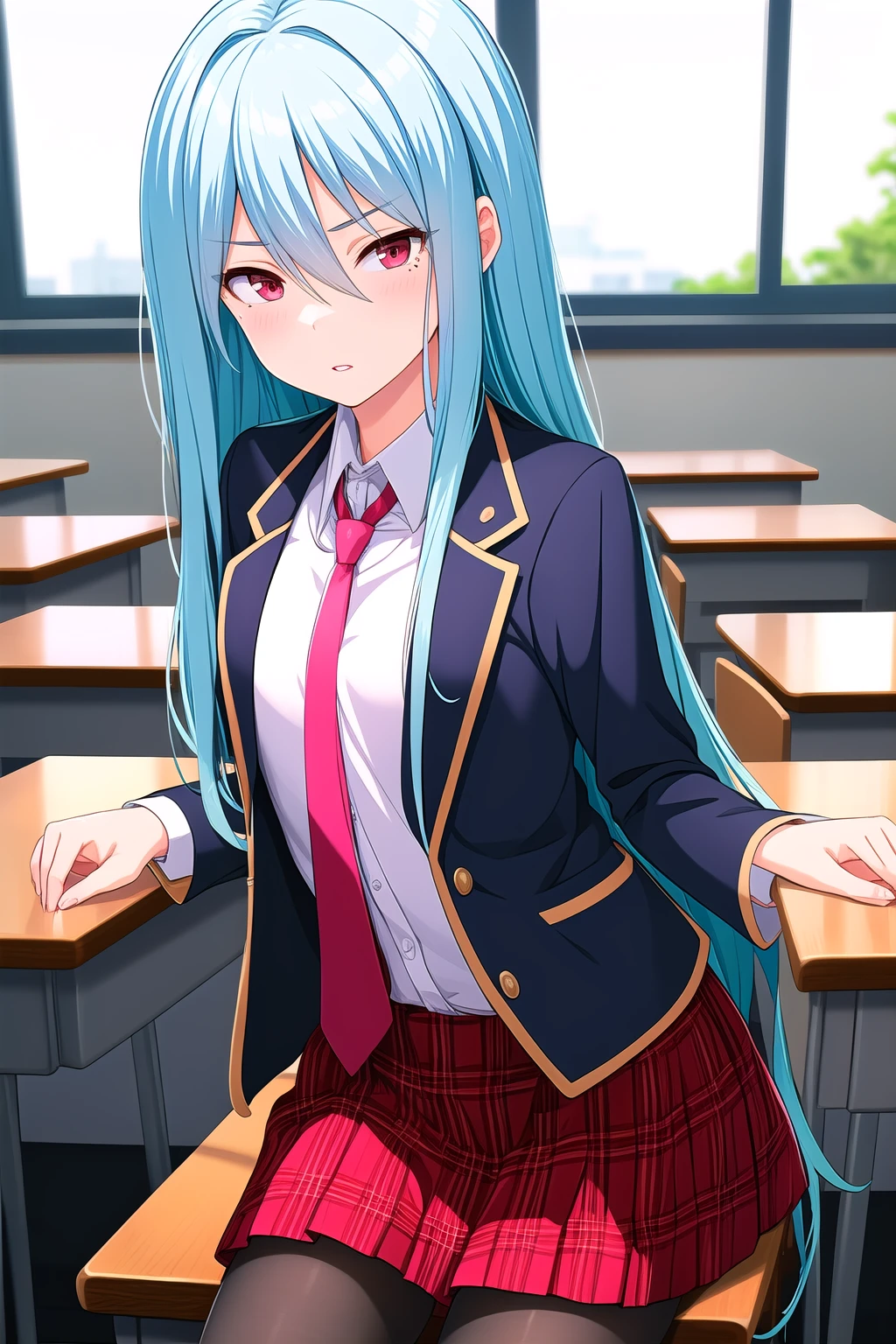 (masterpiece, best quality), highly detailed background, perfect lightingbest quality, kayashimaotome, solo, indoors, classroom, serious, light blue hair, hair between eyes, very long hair, red eyes, mole under eye, small breasts, blue jacket, blazer, open jacket, red necktie, white shirt, red skirt, plaid skirt, black pantyhose, school uniform, closed mouth, pink lips, <lora:Kayashima-Otome:0.7>