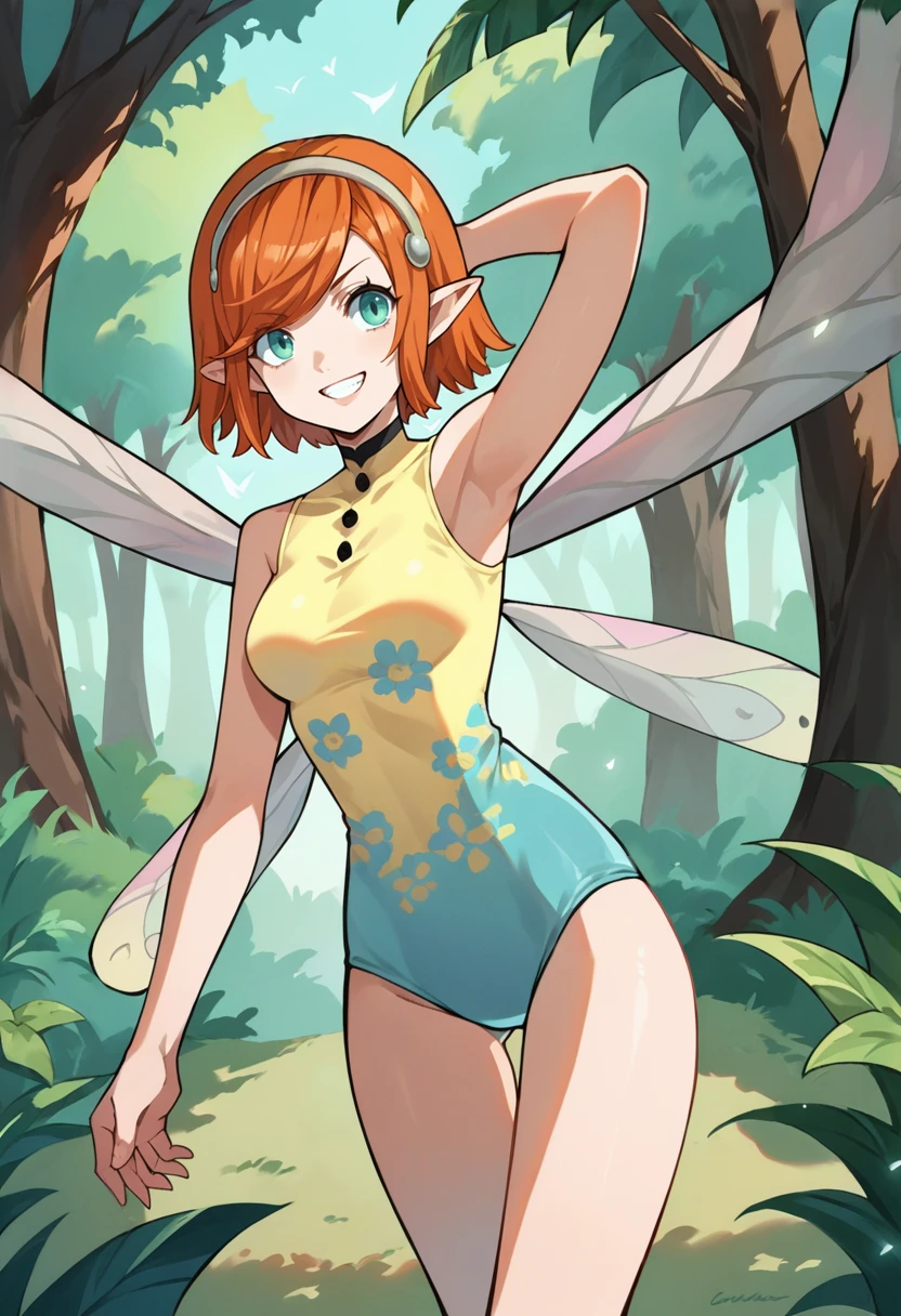 score_9, score_8_up, score_7_up, source_anime, 1girl, looking at viewer, grin, arm behind head, cowboy shot, <lora:GallicaMR-pdxl:1> gallicaMR, short hair, pointy ears, hairband, leotard, medium breasts, floral print, fairy wings, outdoors, forest
