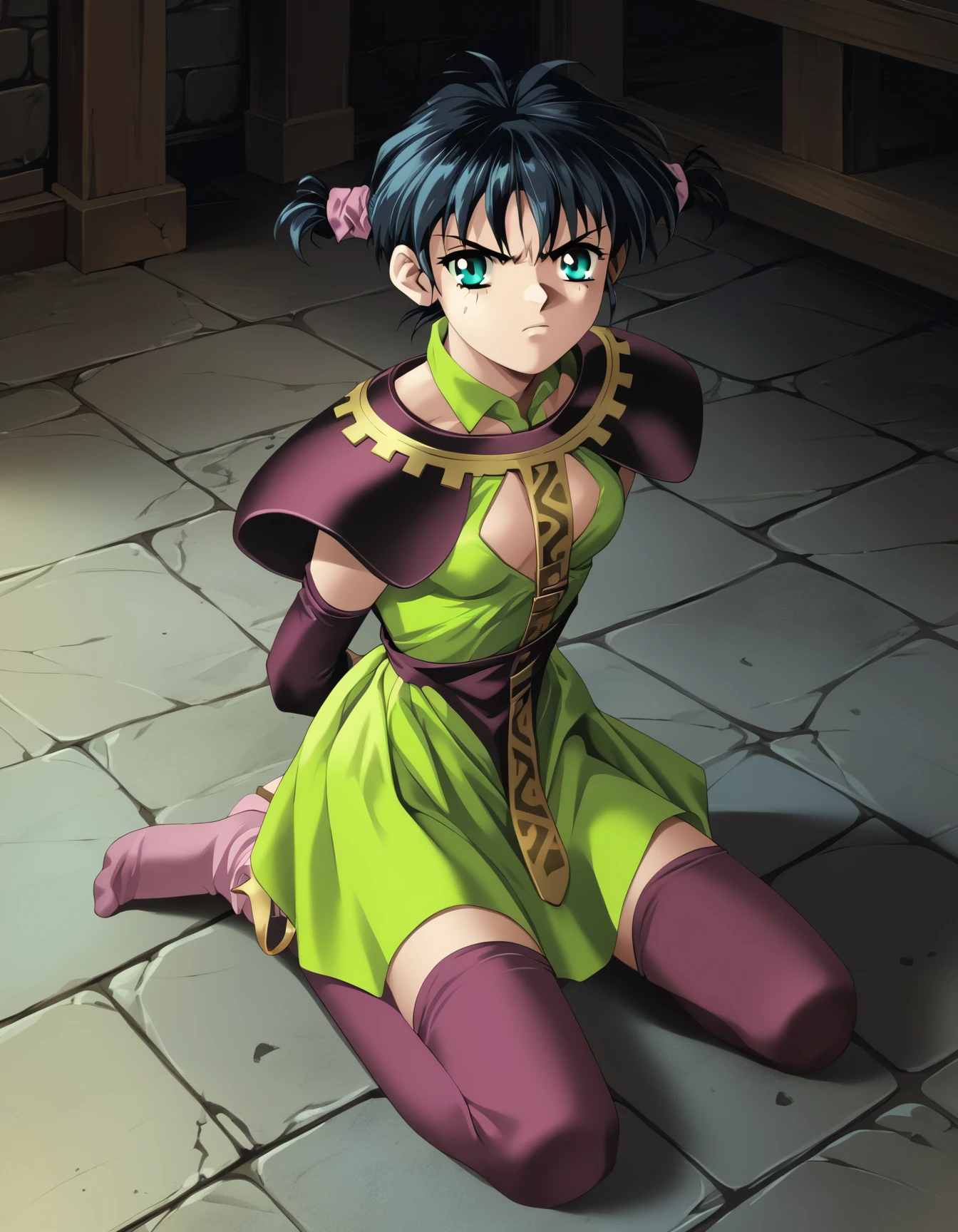 score_9, score_8_up, score_7_up <lora:silvanna-ponyxl:1> silvanna, green dress, purple thighhighs,
1girl, solo, (glaring:0.6), looking at viewer, kneeling, stone floor, arms behind back, indoors, dungeon