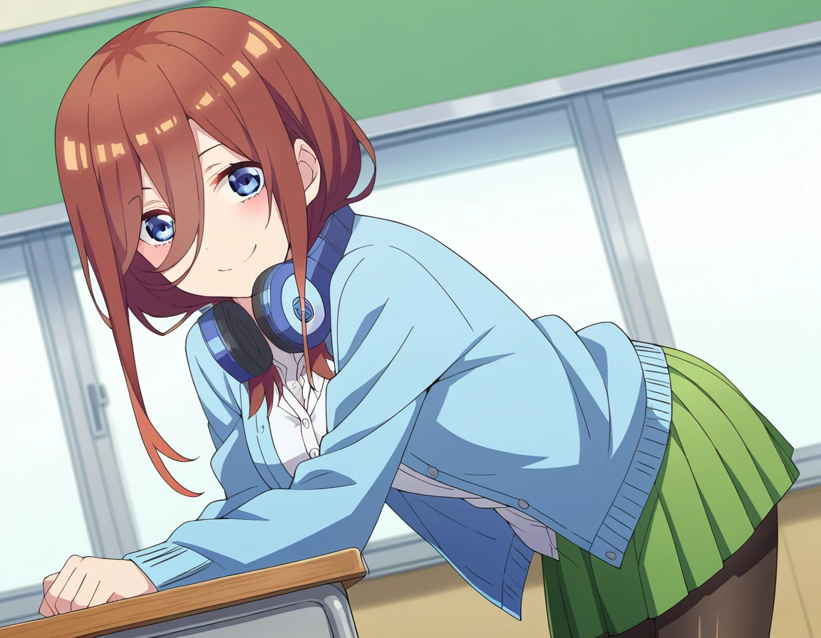 score_9, score_8_up, score_7_up, source_anime,
mikunakano, <lora:miku-nakano-s2-ponyxl-lora-nochekaiser:1>,
miku nakano, long hair, bangs, blue eyes, brown hair, shirt, hair between eyes, headphones, cardigan, headphones around neck,
skirt, shirt, long sleeves, white shirt, pantyhose, pleated skirt, black pantyhose, cardigan, green skirt, blue cardigan,
indoors, classroom, smile, bent over,
looking at viewer, cowboy shot, dutch angle, solo,
