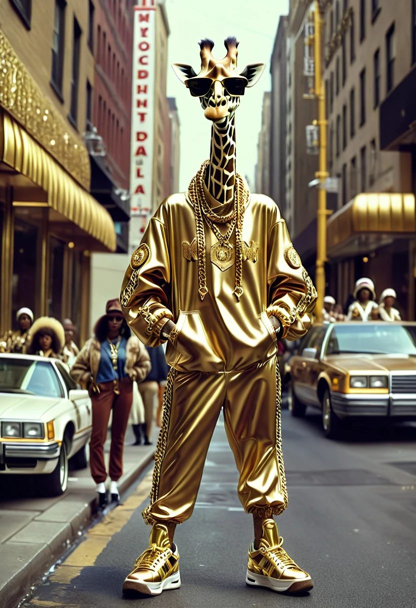 cinematic film still Mesmerizing Editorial Fashion photography of a female anthropomorphic giraffe dressed in large hiphop streetwear style clothes from 1980s,posing like a champ in New York street wearing sneakers and cap and gold chains , addidas, shot on Sony Alpha Î±7, volumetric lighting,, shallow depth of field, vignette, highly detailed, high budget Hollywood film, cinemascope, moody, epic, gorgeous, 