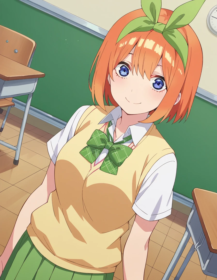 score_9, score_8_up, score_7_up, source_anime,
yotsubanakano, <lora:yotsuba-nakano-s2-ponyxl-lora-nochekaiser:1>, 
yotsuba nakano, bangs, short hair, blue eyes, hair between eyes, hair ribbon, hairband, orange hair, green ribbon, mature female,
skirt, shirt, bow, ribbon, school uniform, white shirt, short sleeves, pleated skirt, collared shirt, miniskirt, bowtie, kneehighs, green skirt, green bow, sweater vest, green ribbon, yellow sweater vest,
indoors, classroom, smile,
looking at viewer, cowboy shot, dutch angle, solo,