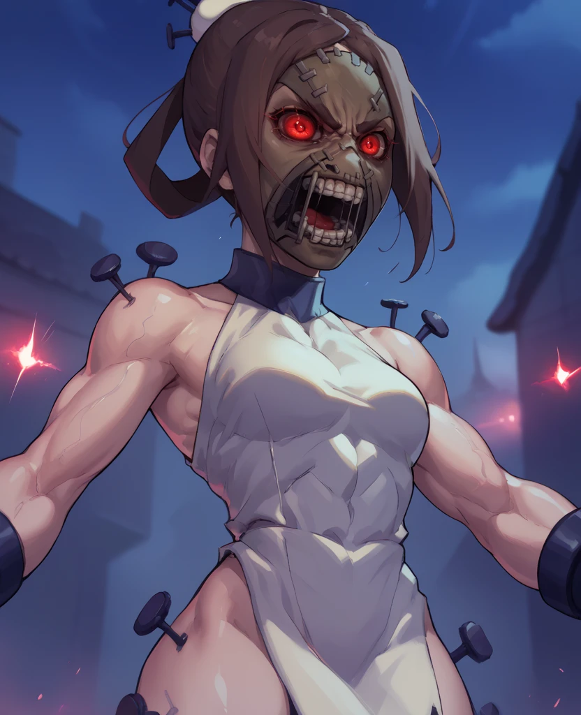 score_9,score_8_up,score_7_up BREAK {prompt},open mouth,veins,
painwheelmask,brown hair,single hair bun,angry,Brown Mask,stiches,glowing red eyes,
white dress,side slit,bare shoulders,bo lts,toned,
upper body,night,
solo,<lora:PainWheelMask:0.9>,