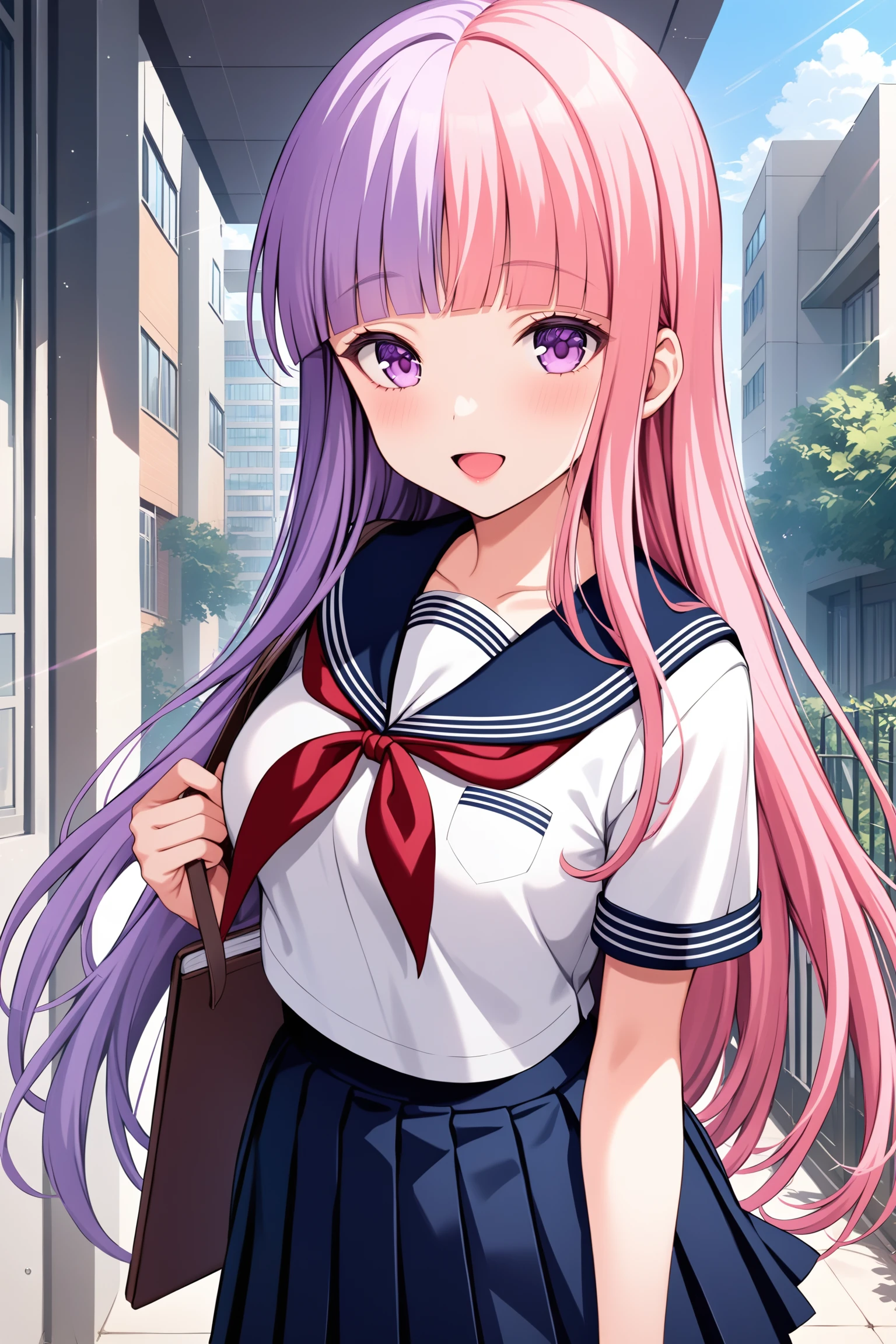 (masterpiece, best quality, very aesthetic, ultra detailed), intricate details, highly detailed background, perfect lightingbest quality, niigakihina, solo, outdoors, school, building, purple hair, two-tone hair, split-color hair, pink hair, blunt bangs, very long hair, purple eyes, medium breasts, white serafuku, white shirt, blue sailor collar, red neckerchief, short sleeves, blue skirt, pleated skirt, school uniform, smile, open mouth, :d, pink lips, <lora:Niigaki-Hina-XL-10:0.7>