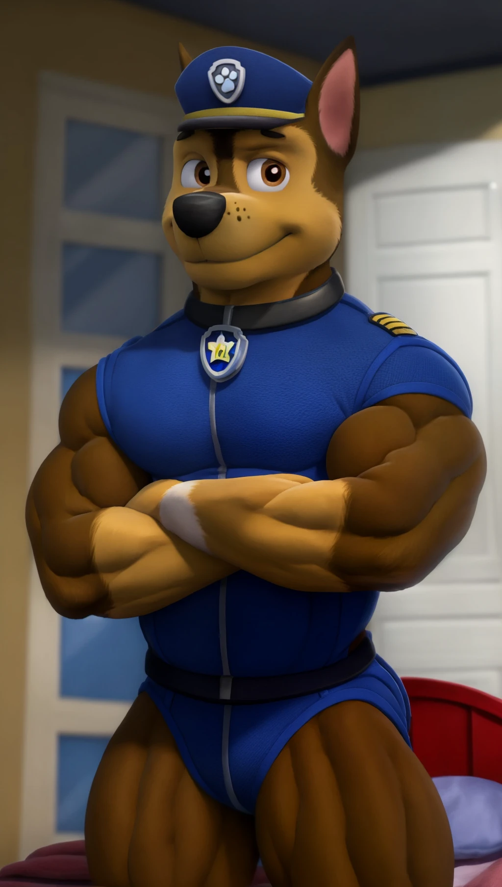 top-down view,  <lora:5526FC5B13:1> , giant, alpha male, perfect body, big, sexy, male German shepherd, police hat, police shirt, bottomless, dog tag, big shoulders, big arms, big perfect body, chase (paw patrol),  smile, brown eyes,  looking at viewer, bedroom,  full body, detailed background, hyper muscular, veiny muscles,   ( muscles: 1.9), super muscular  body,  muscular thighs,   dramatic lighting, ultra-detailed, photo realism, Cinestill, detailed eye, looking at the viewer, body builder body,  athletic body, VFX, Cinematic Pose, Sharp Focus, Intricate Details, Masterpiece, Best Quality, High Resolution, 4k. (posing:1.3), (soft shading), 4k, hi res, five fingers, detailed hands, ((detailed face, (detailed eyes, brown), detailed)), by zackarry911, by zaush, (by personalami:0.5),