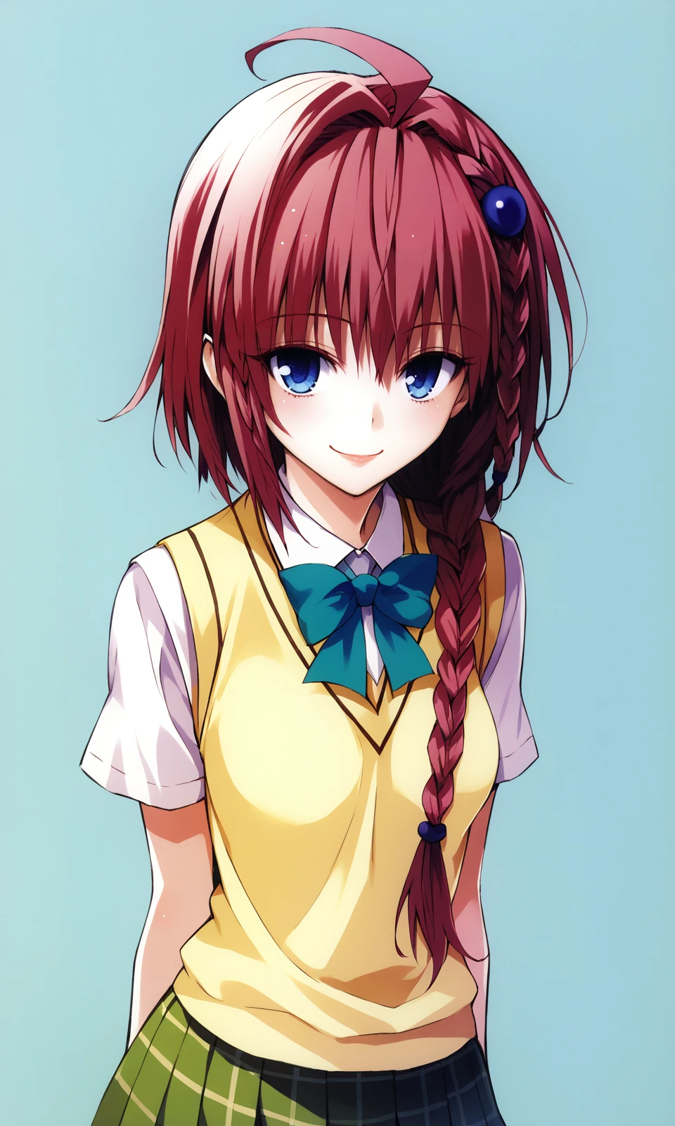 score_9, score_8_up, score_7_up, yabukikentarou, BREAK
kurosaki mea, blue eyes, red hair, long hair, braid, ahoge, medium breast, school uniform, skirt, sweater vest, looking at viewer, light smile, portrait, 
<lora:YabukiKentarou_Pony_V2:1>