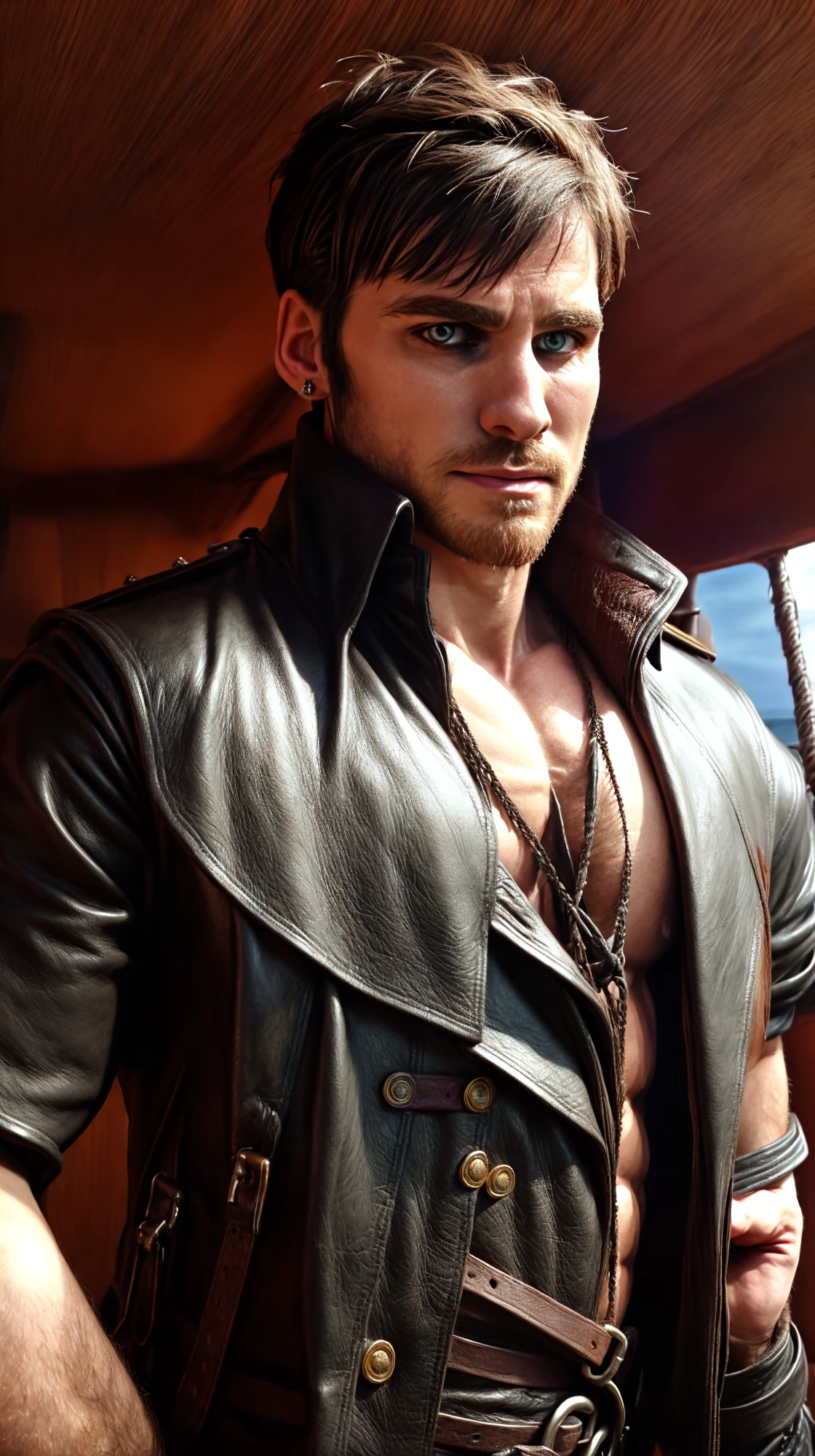 (masculine:1.3), handsome face, (face and upper body shot), (((short hair:1.3))), on wooden ship:1.2, wearing leather pants, (guy wearing pirate leather coat and shirt:1.2), confident, handsome, (((masterpiece))), (((best quality))), <lora:more_details:0.5>, (short hair), male, CaptainHookKillian, <lora:CaptainHookKillian (1):1> (strong physique:1.3)
