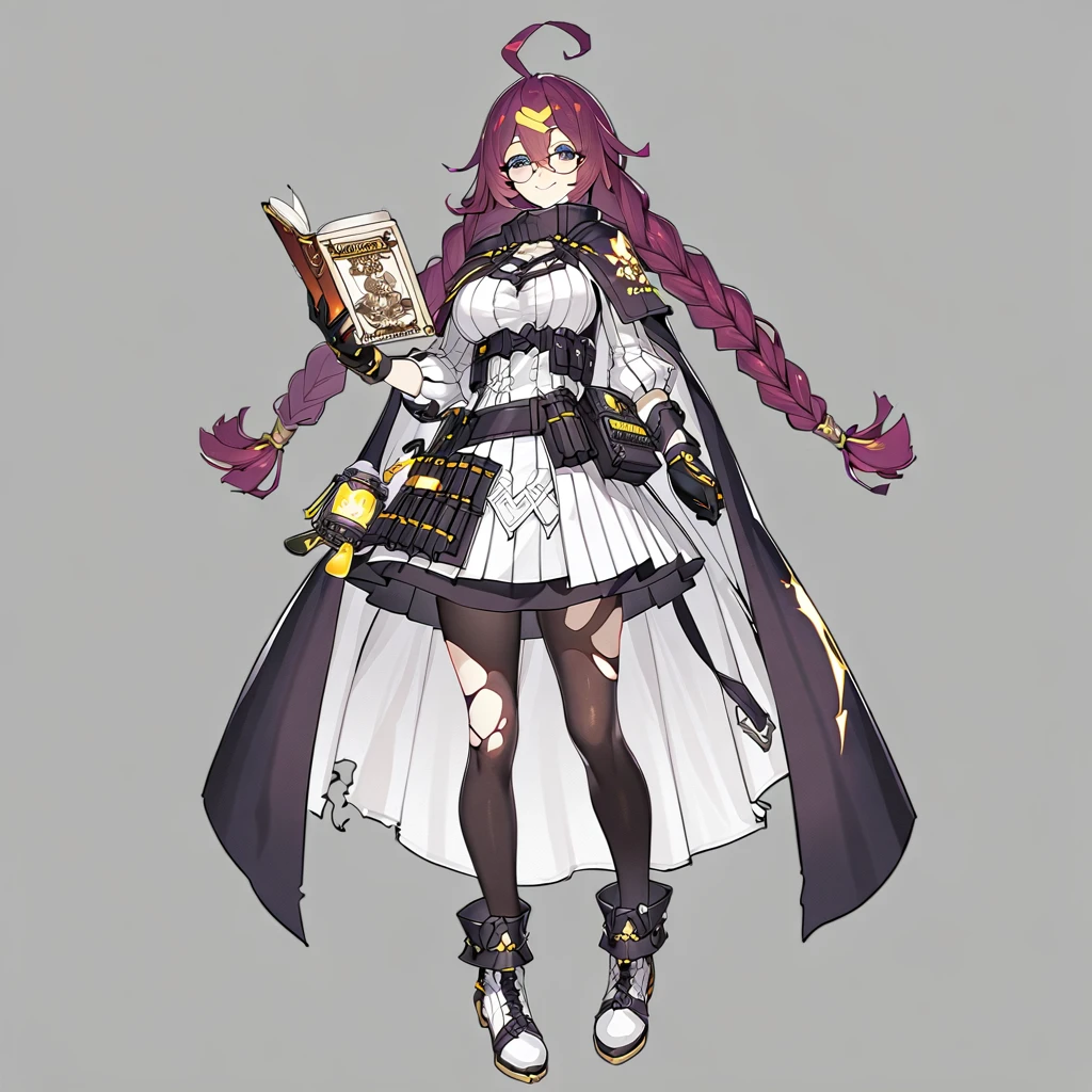 1girl, dorothy_sinoalice, purple hair, glasses, long hair, braid, torn clothes, smile, large breasts, blue eyes, full body, ahoge, hair ornament, dress, messy hair, twin braids, torn pantyhose, hairclip, holding book, skirt, gloves, cape, standing, closed mouth, belt, boots, semi-rimless eyewear, long sleeves