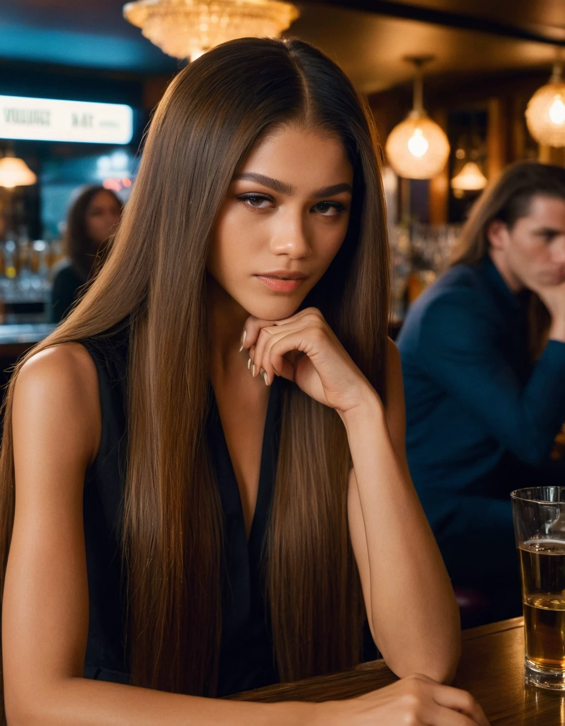 high resolution photo of znd woman,long straight hair,close-up,sitting at bar,volumetric lighting,cinematic,masterpiece